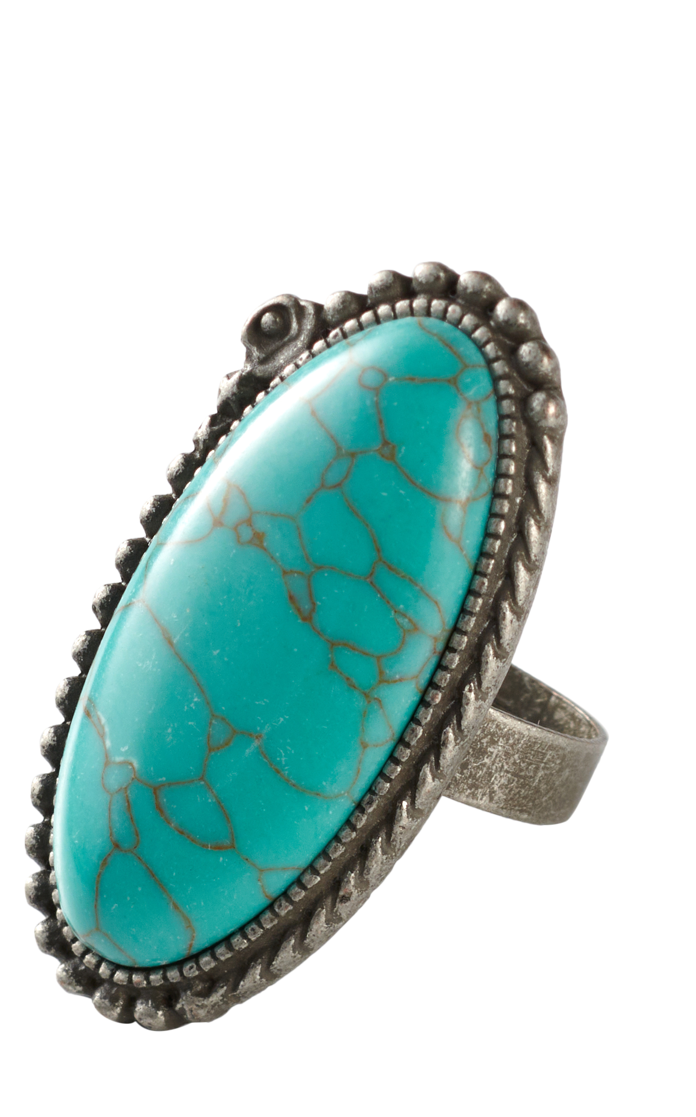 Rockin C Antique Silver & Large Oval Turquoise Stone Ring - Image 1