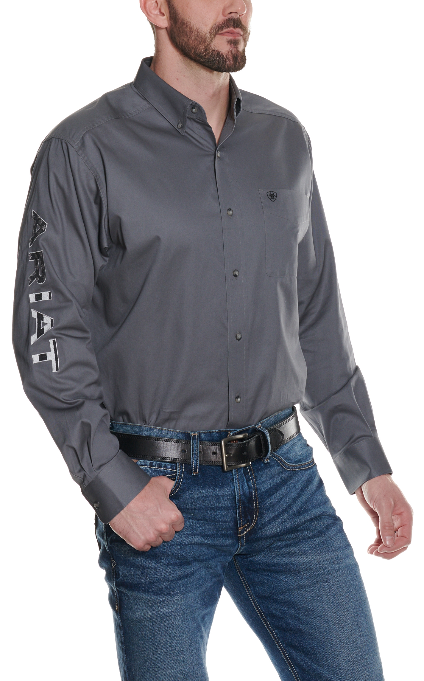 Ariat Men's Team Logo Cement Gray Western Shirt - Image 1