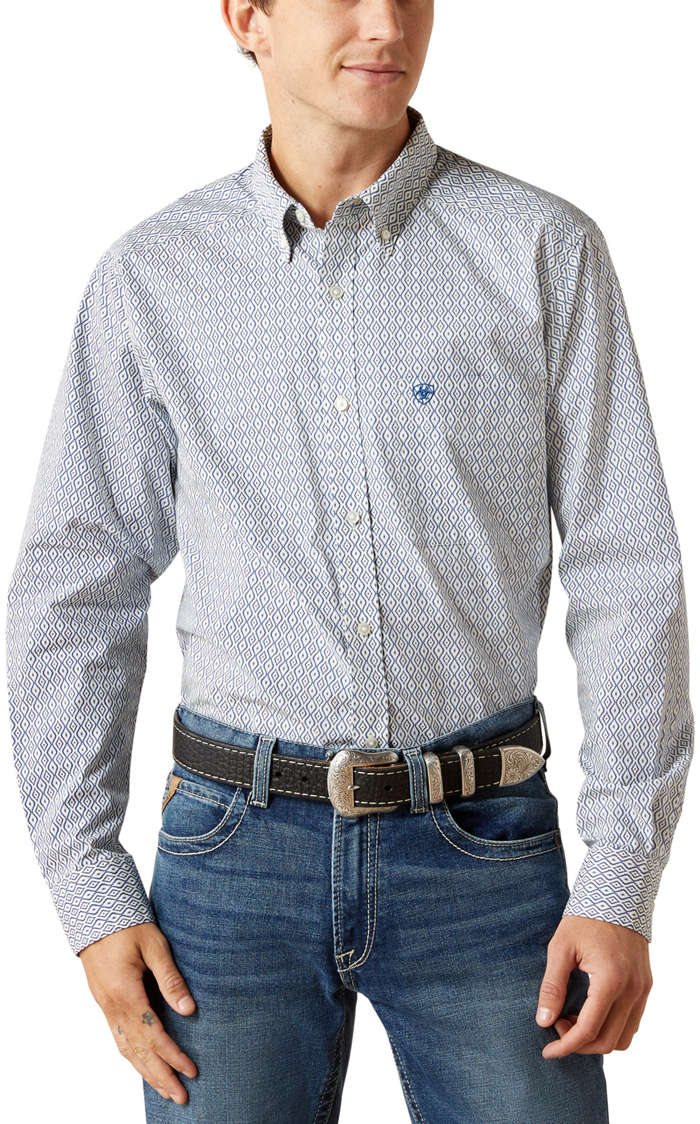 Ariat Men's Cream & Blue Geo Print Western Shirt - Image 1