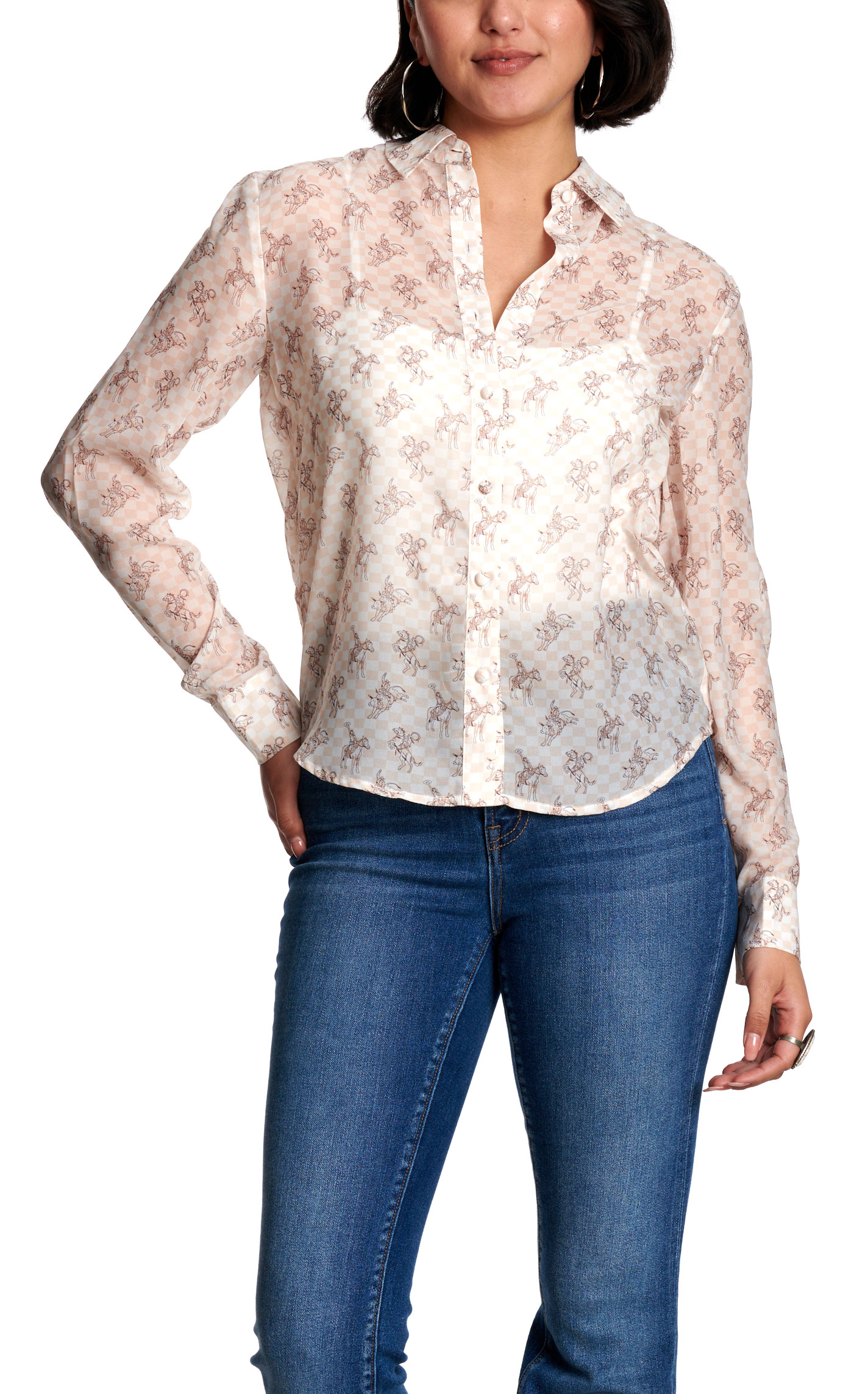 Blue B Women's Ivory & Peach Cowboy Horse Print Sheer Button Up Shirt - Image 1