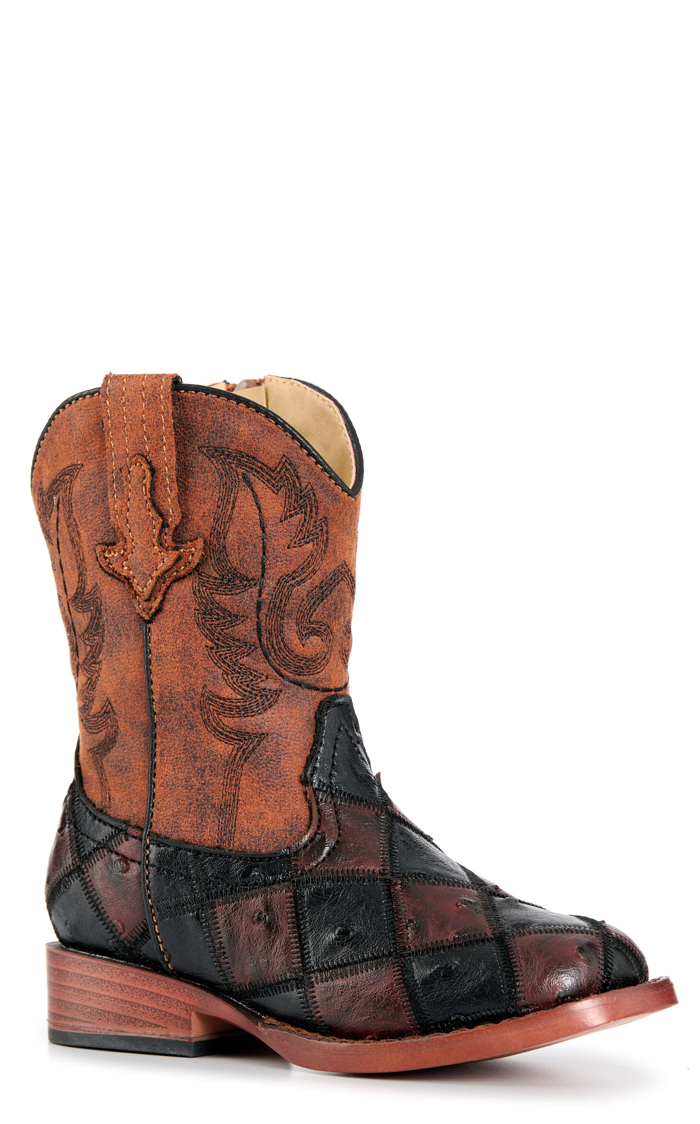 Roper Bird Blocks Toddler Burgundy & Black Faux Ostrich Cowboy Boots - Image 1