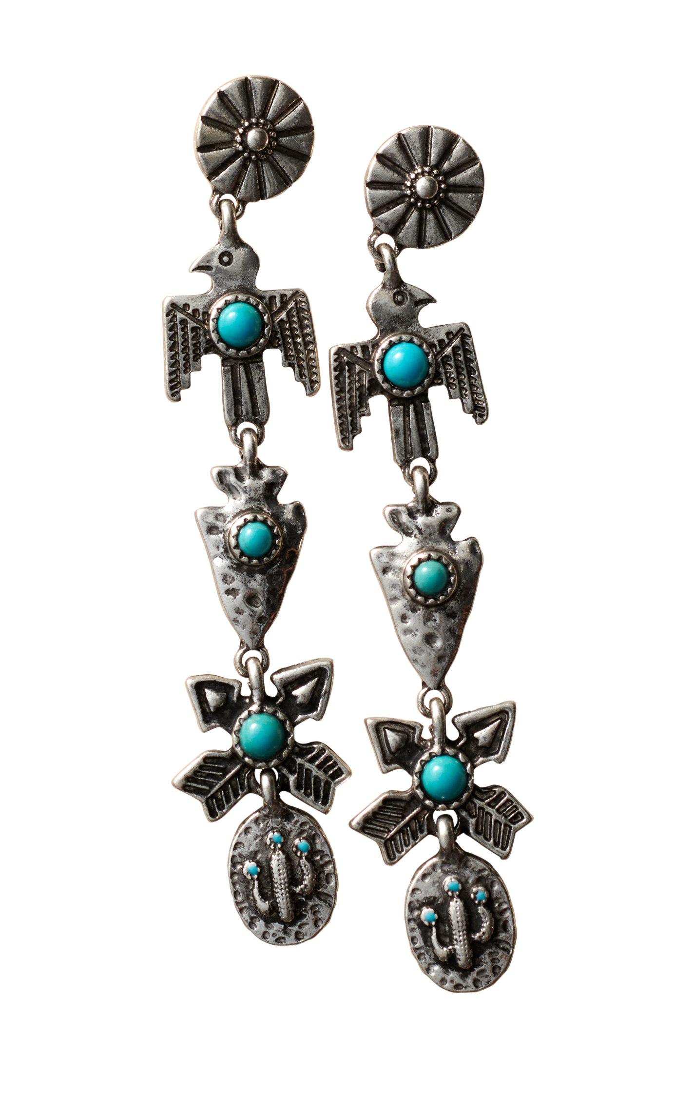 806 by Pink Panache Etched Silver & Turquoise Stone Totem Earrings - Image 1