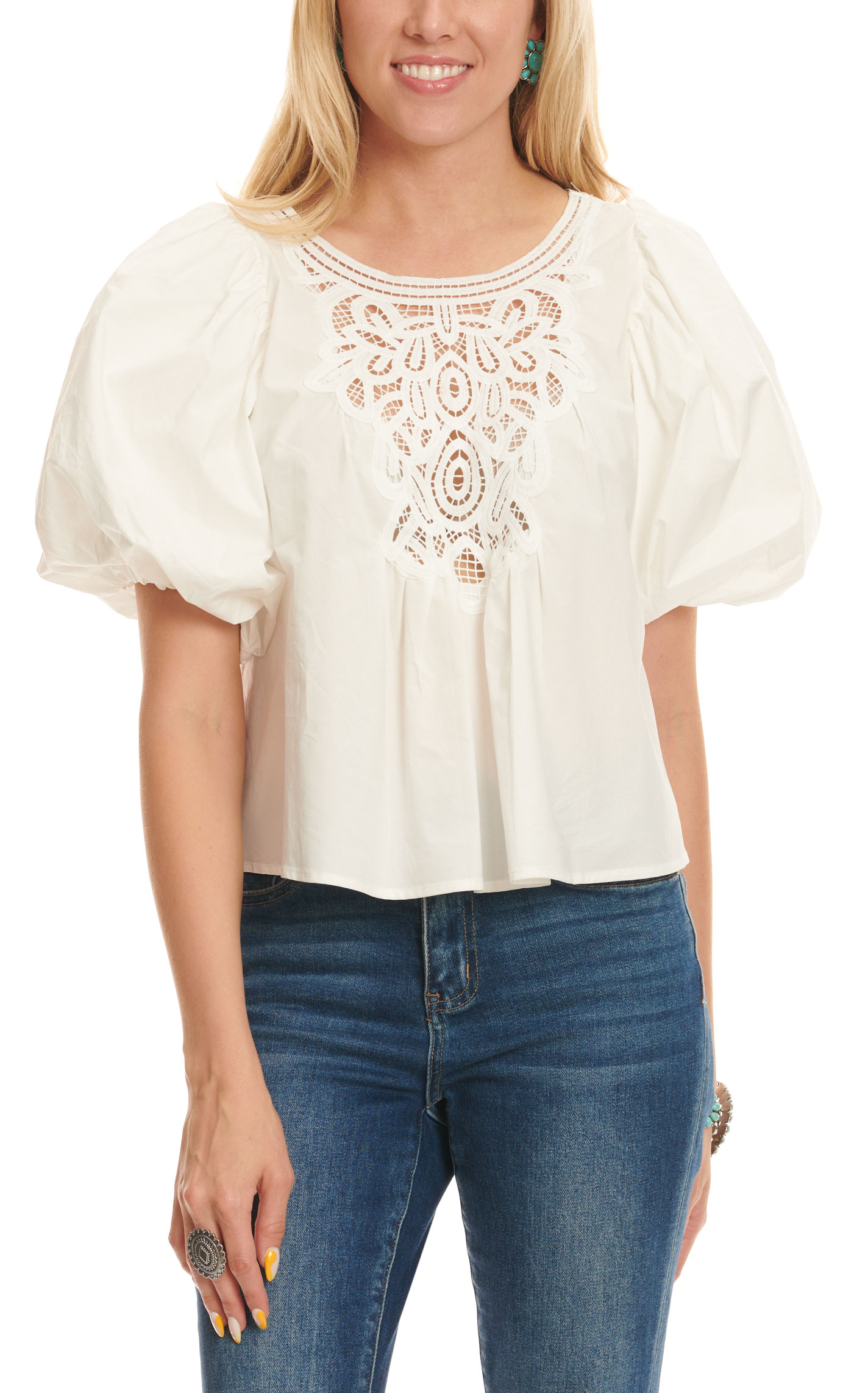 Newbury Kustom Women's White Renaissance Lace Front Short Puff Sleeve Top - Image 1