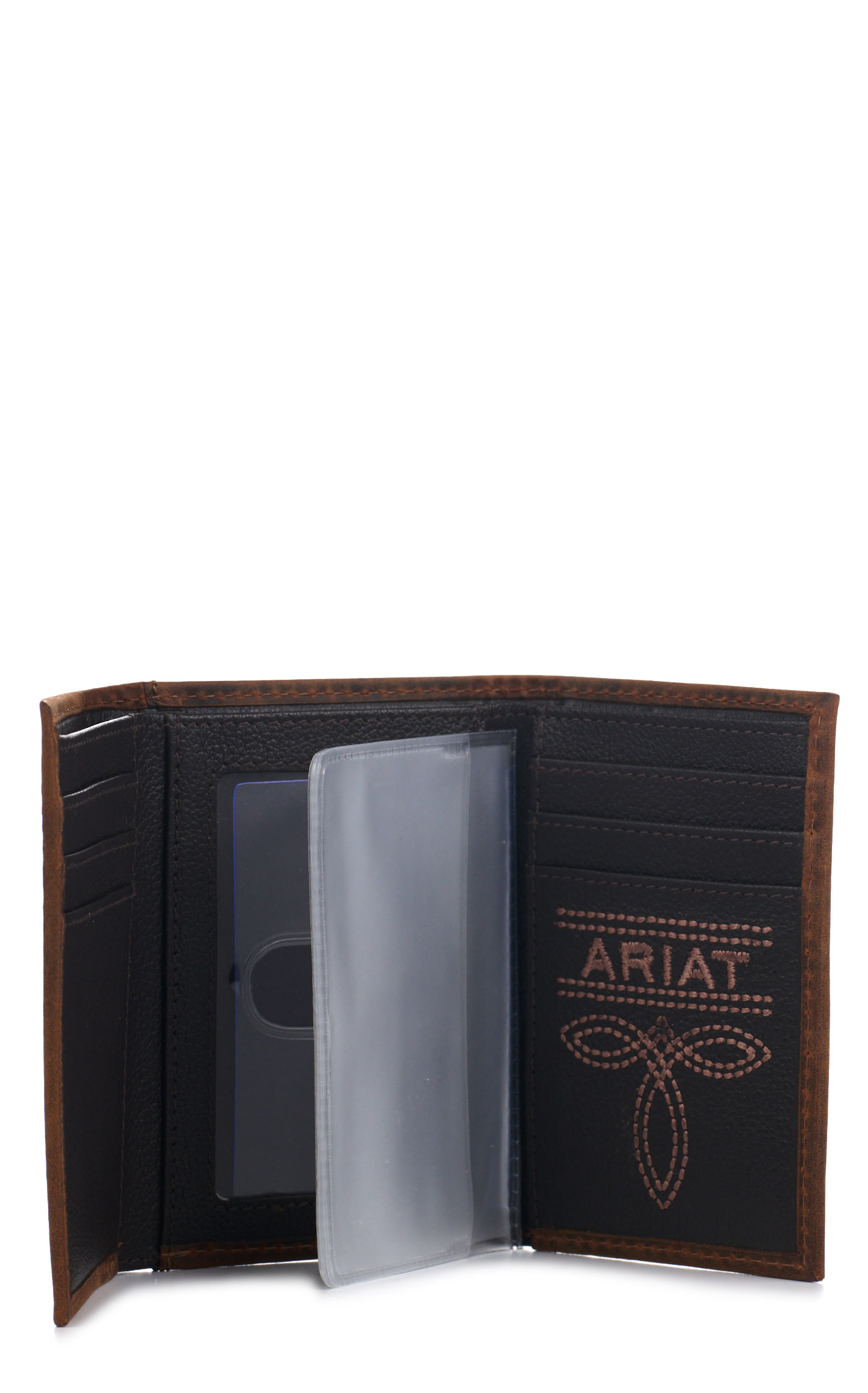 Ariat Men's Chocolate Flag & Shield Logo Trifold Wallet - Image 1