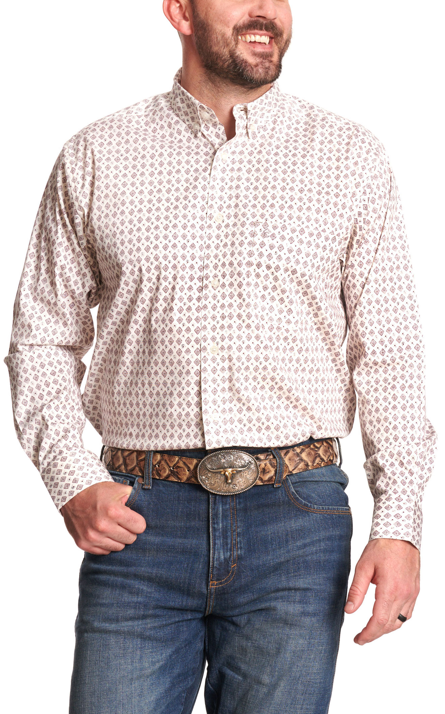 Rafter C Men's White Geo Print Western Shirt - Image 3