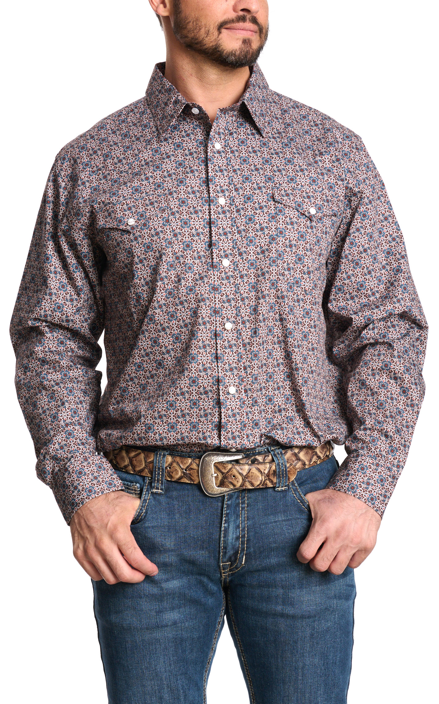 Panhandle Men's Burgundy & Blue Print Western Shirt - Image 1