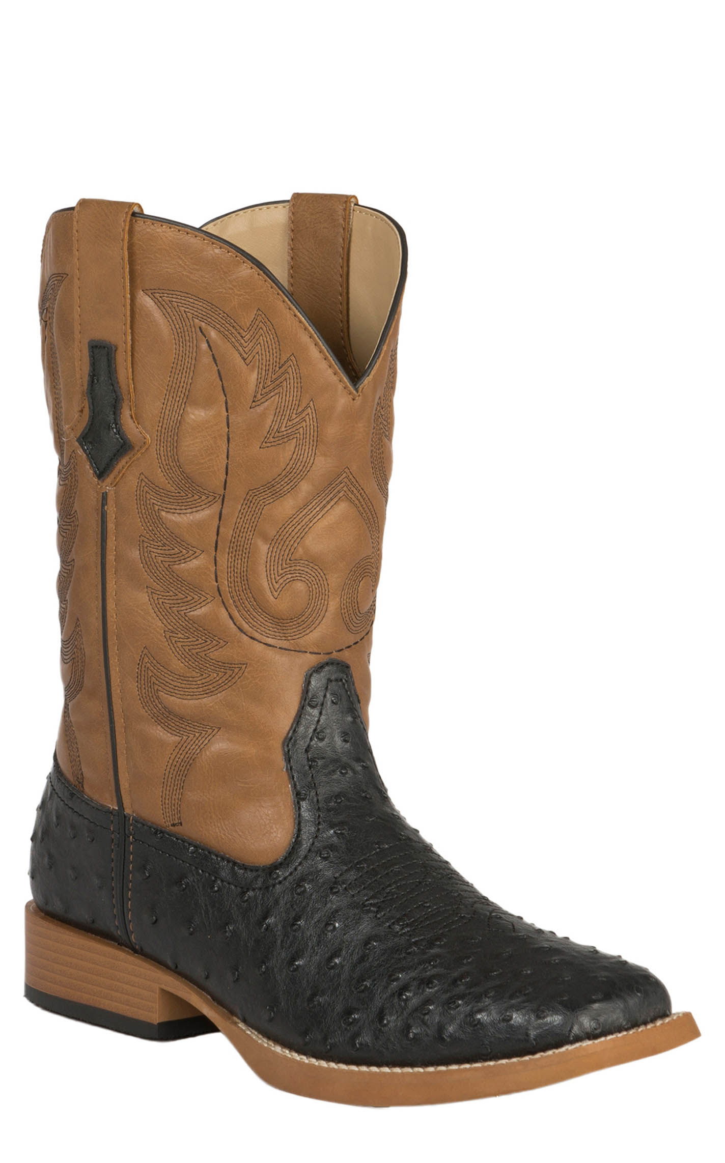 Roper Men's Faux Leather Ostrich Black & Tan Square Toe Cowboy Boots - Image 1