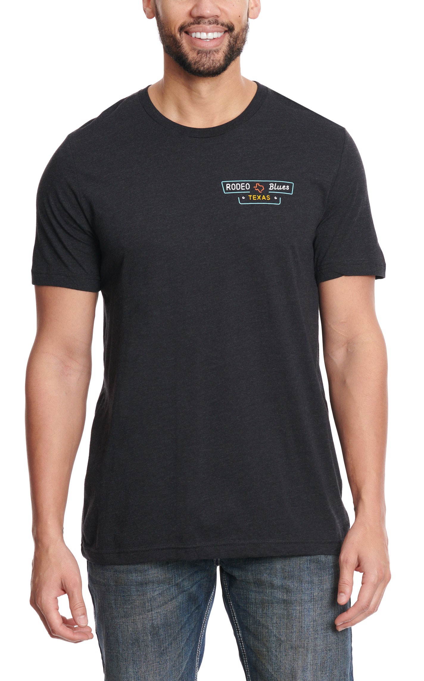 Rodeo Time Men's Black Turquoise Neon Rodeo Blues Graphic Short Sleeve T-Shirt - Image 1