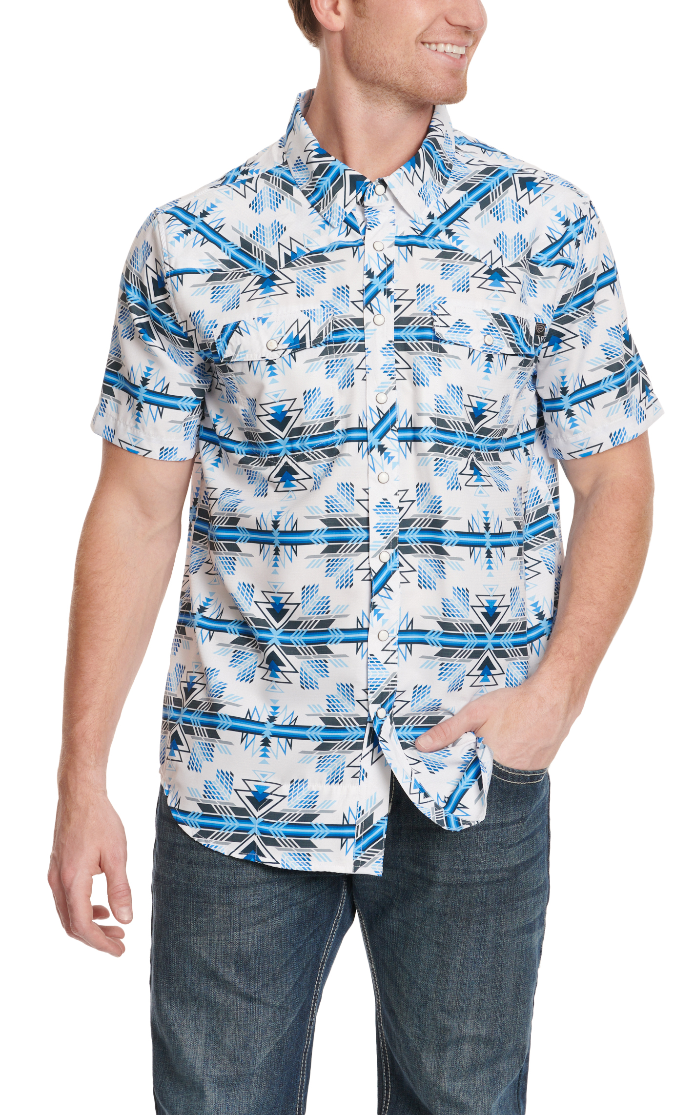 Rock & Roll Denim Men's Shades of Blue Aztec Print TEK Western Short Sleeve Shirt - Image 1