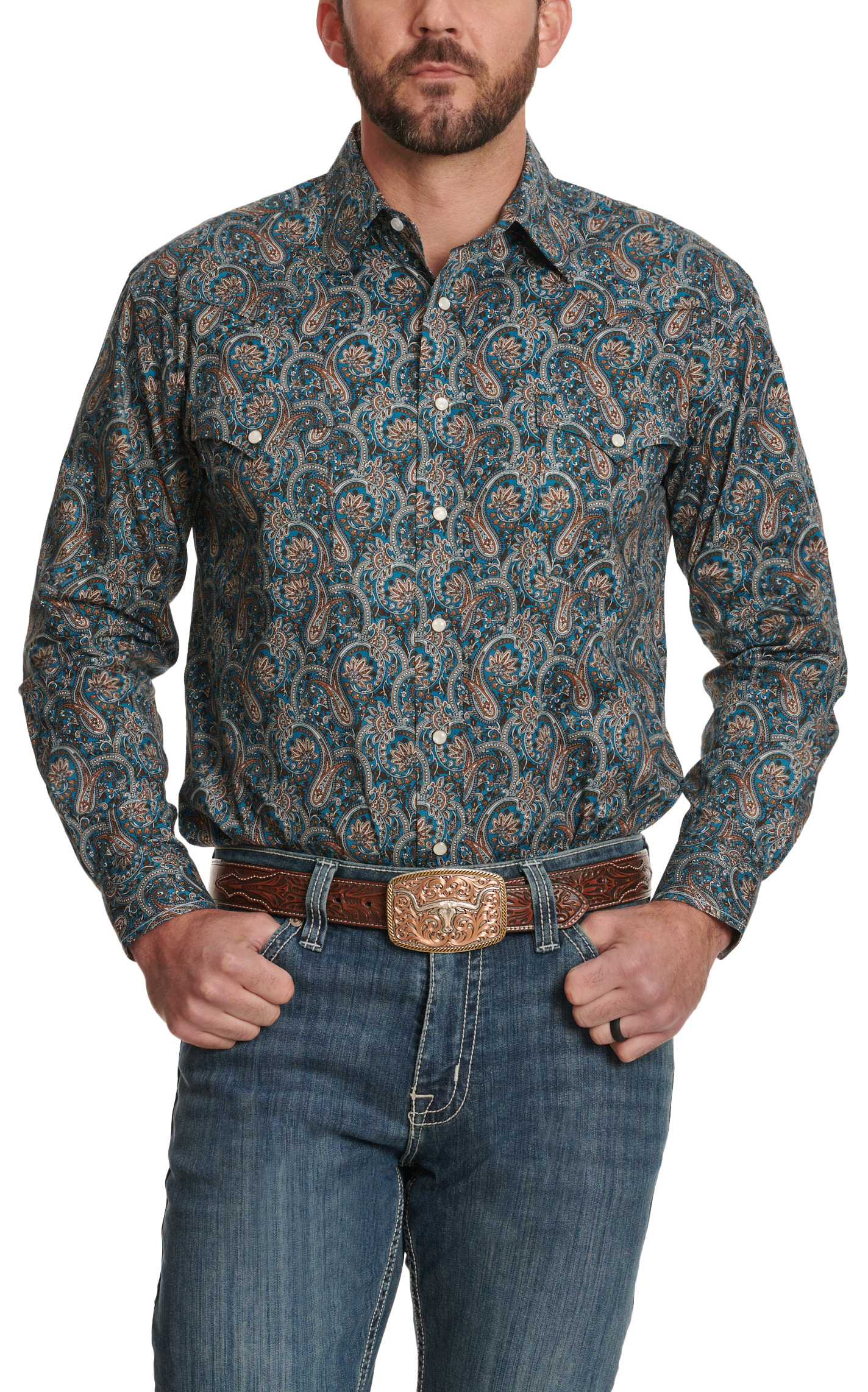Panhandle Men's Rough Stock Cyan Blue & Caramel Paisley Western Shirt - Image 1