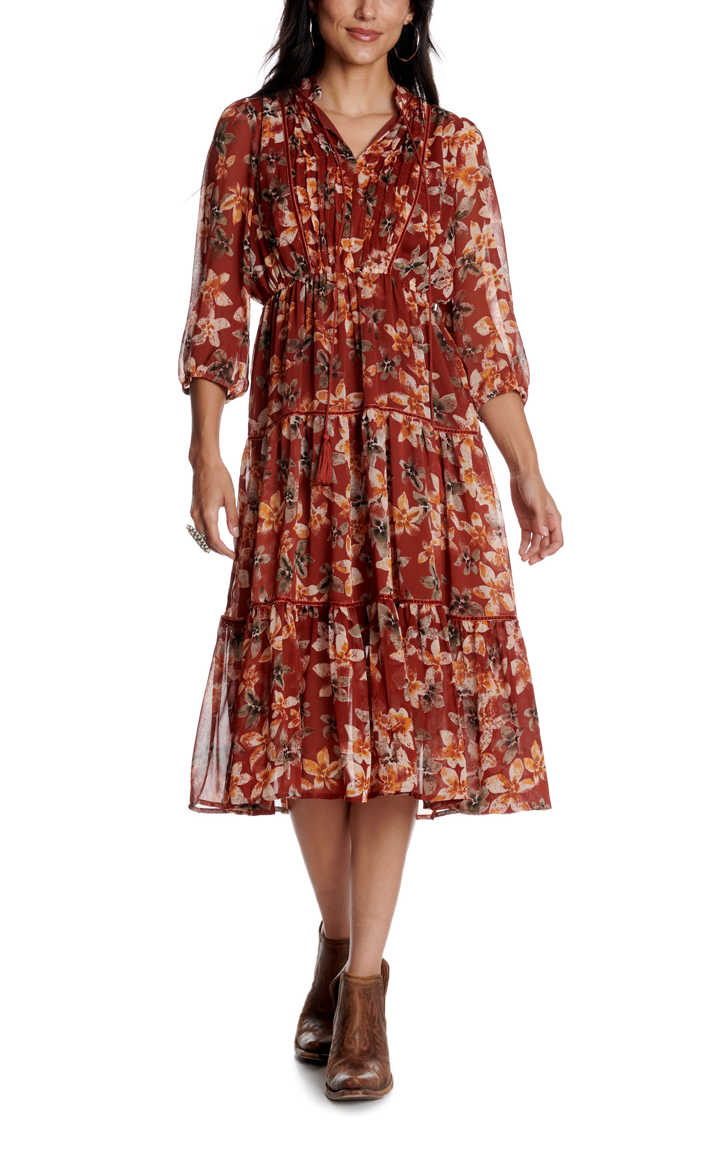 Blue B Women's Rust Floral Tiered Midi Dress - Image 1