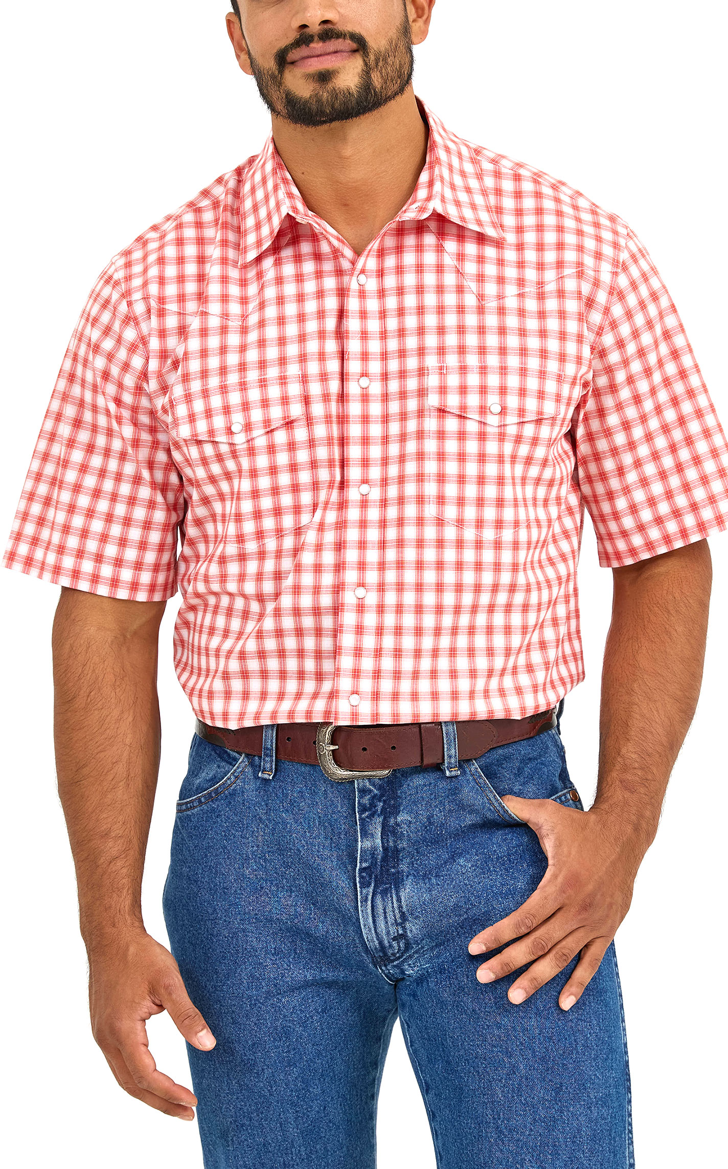 Wrangler Men's Red & White Plaid Short Sleeve Western Shirt - Image 1