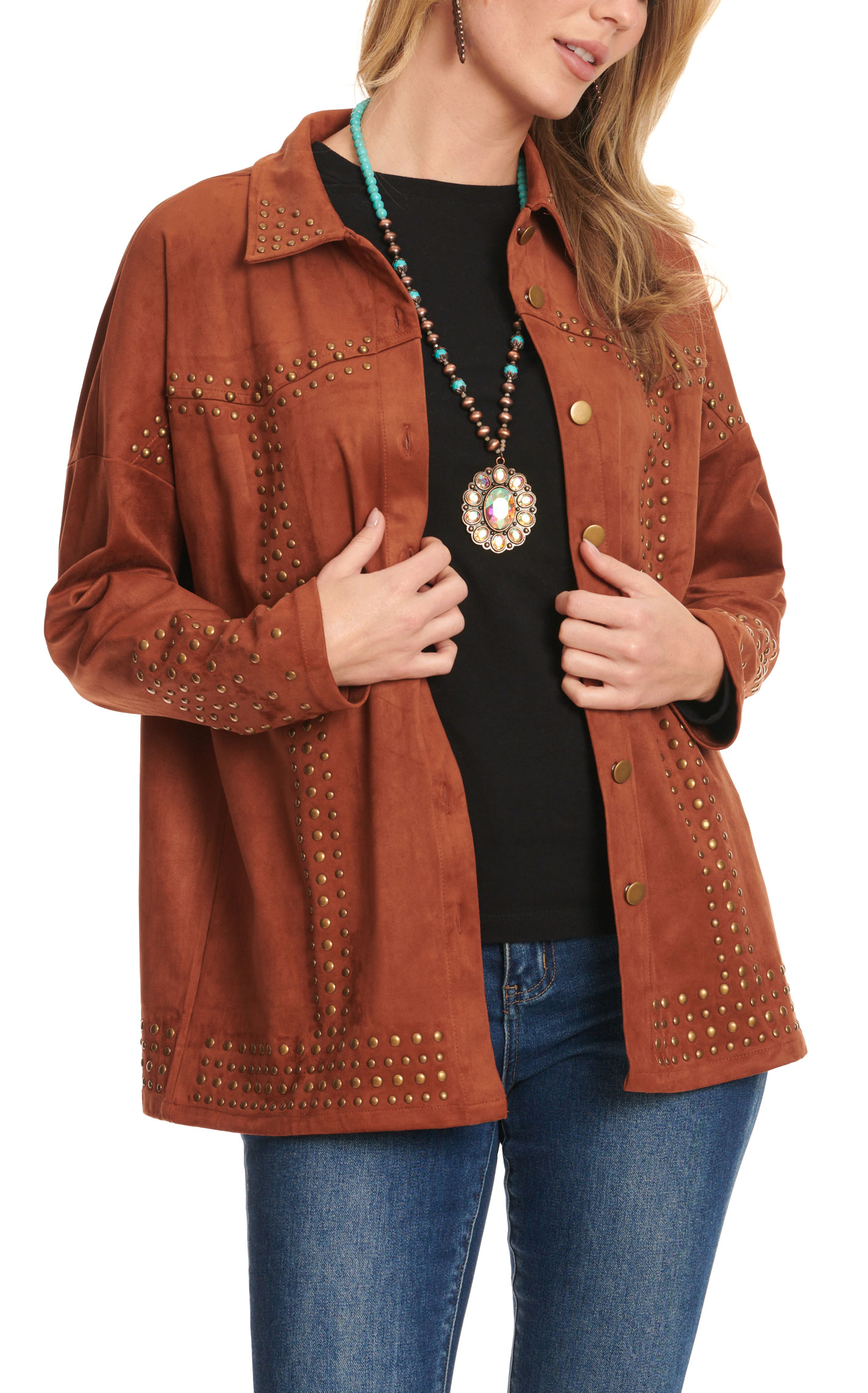 Rockin C Women's Caramel Antique Brass Studs & Buttons Faux Suede Jacket - Image 1
