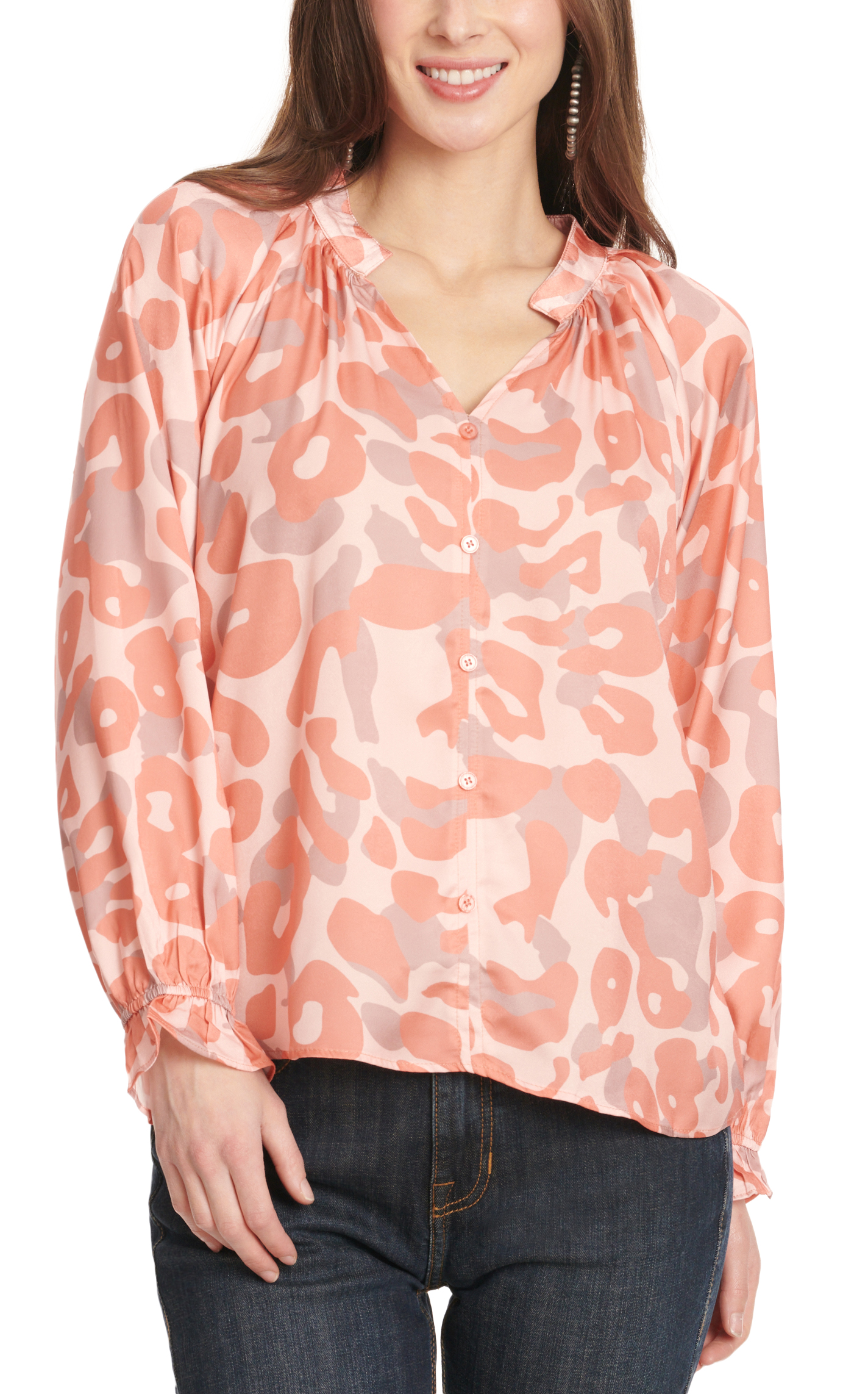 Grace & Emma Women's Shades of Coral Leopard Print Long Sleeve Top - Image 1