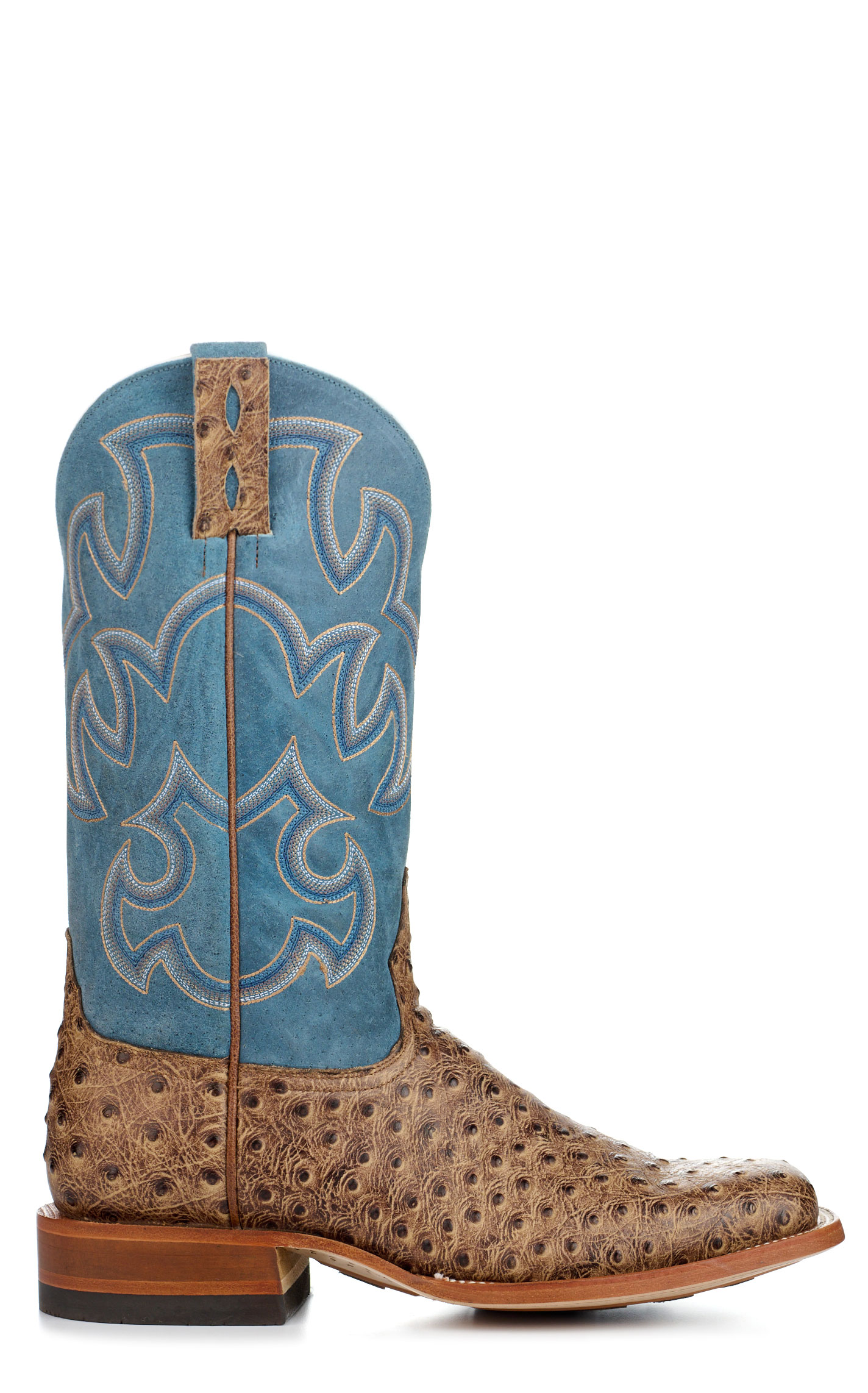 Cavender's Men's Endurance Blue and Sand Ostrich Print Wide Square Toe Cowboy Boots - Image 1