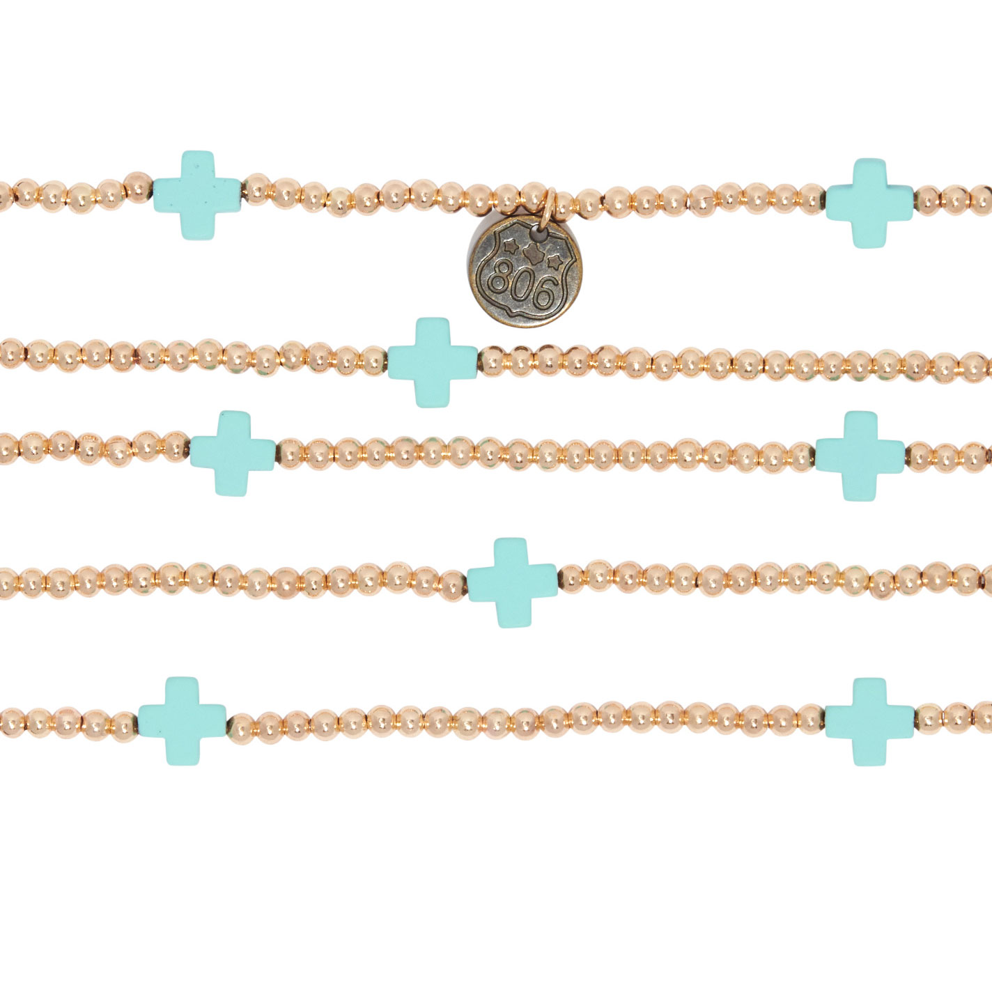 806 Gold Bead & Turquoise Cross 5-Strand Bracelet Set - Image 1