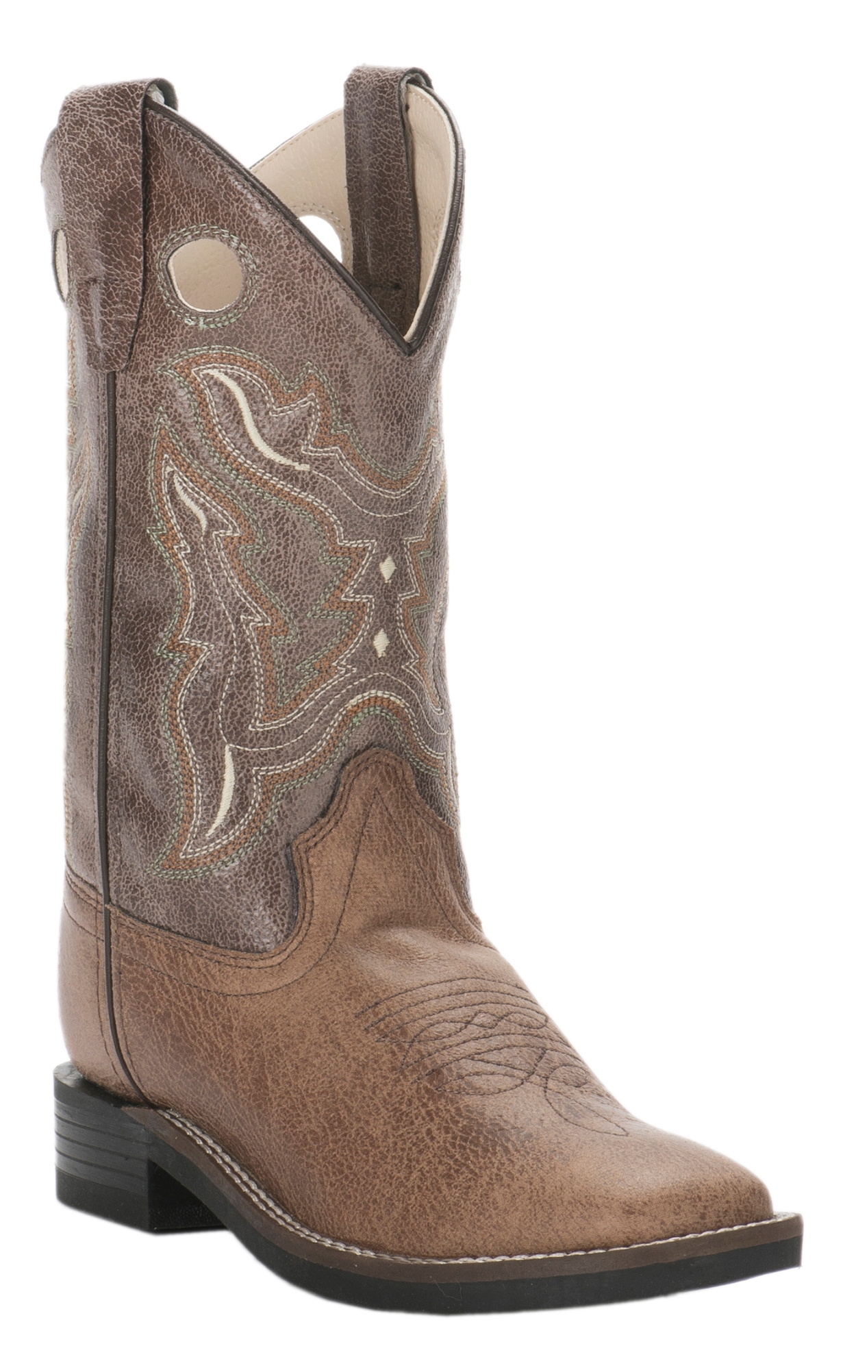 Old West Kids Tan and Brown Leatherette Wide Square Toe Cowboy Boots - Image 1