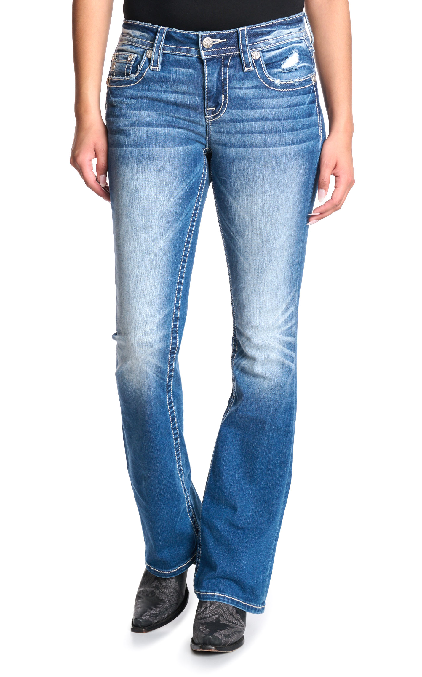 Miss Me Women's Medium Wash Fleur De Lis Boot Cut 32\