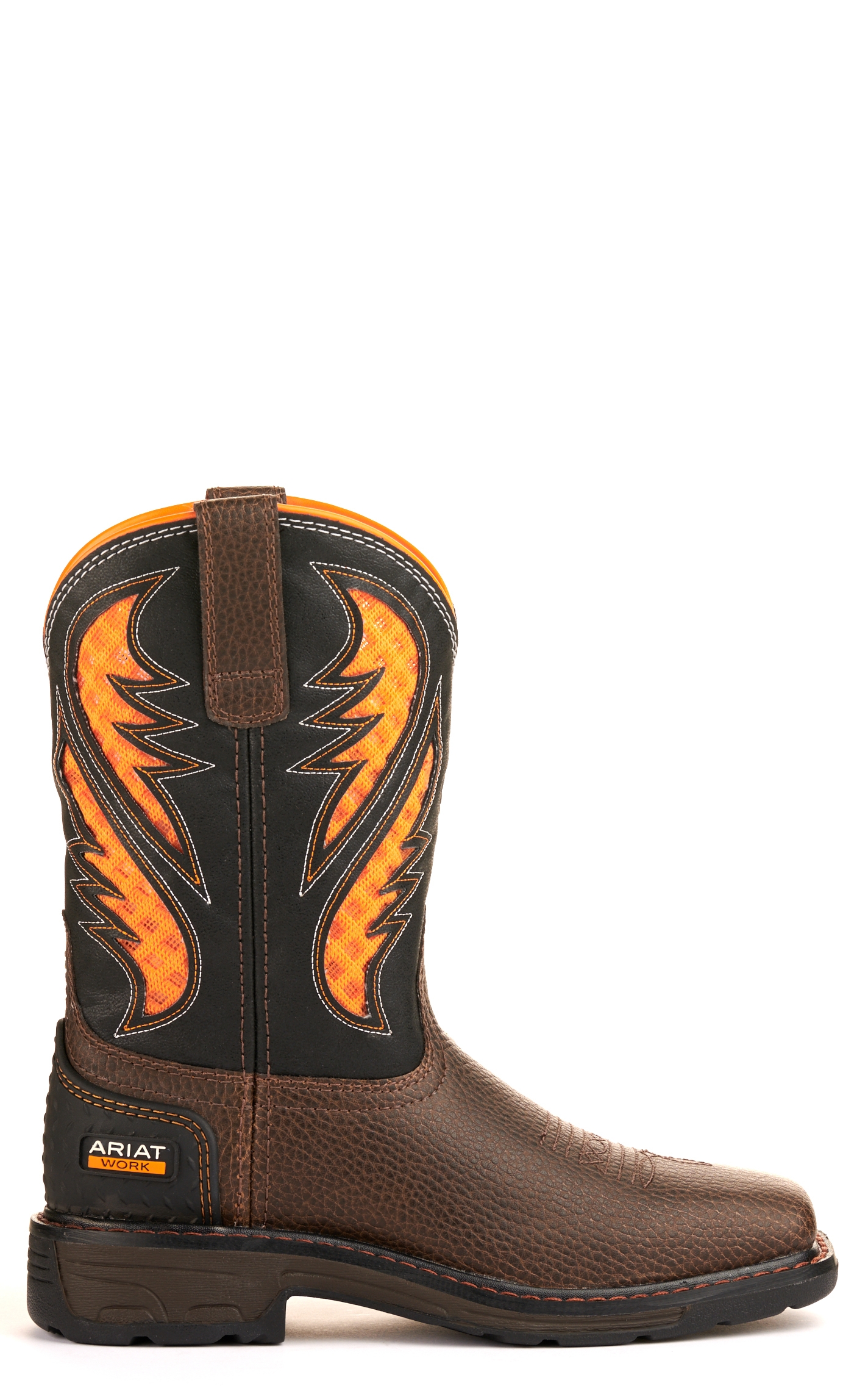 Ariat Youth VentTEK Cocoa Brown and Black with Orange Vents Wide Square Toe Work Boots - Image 1