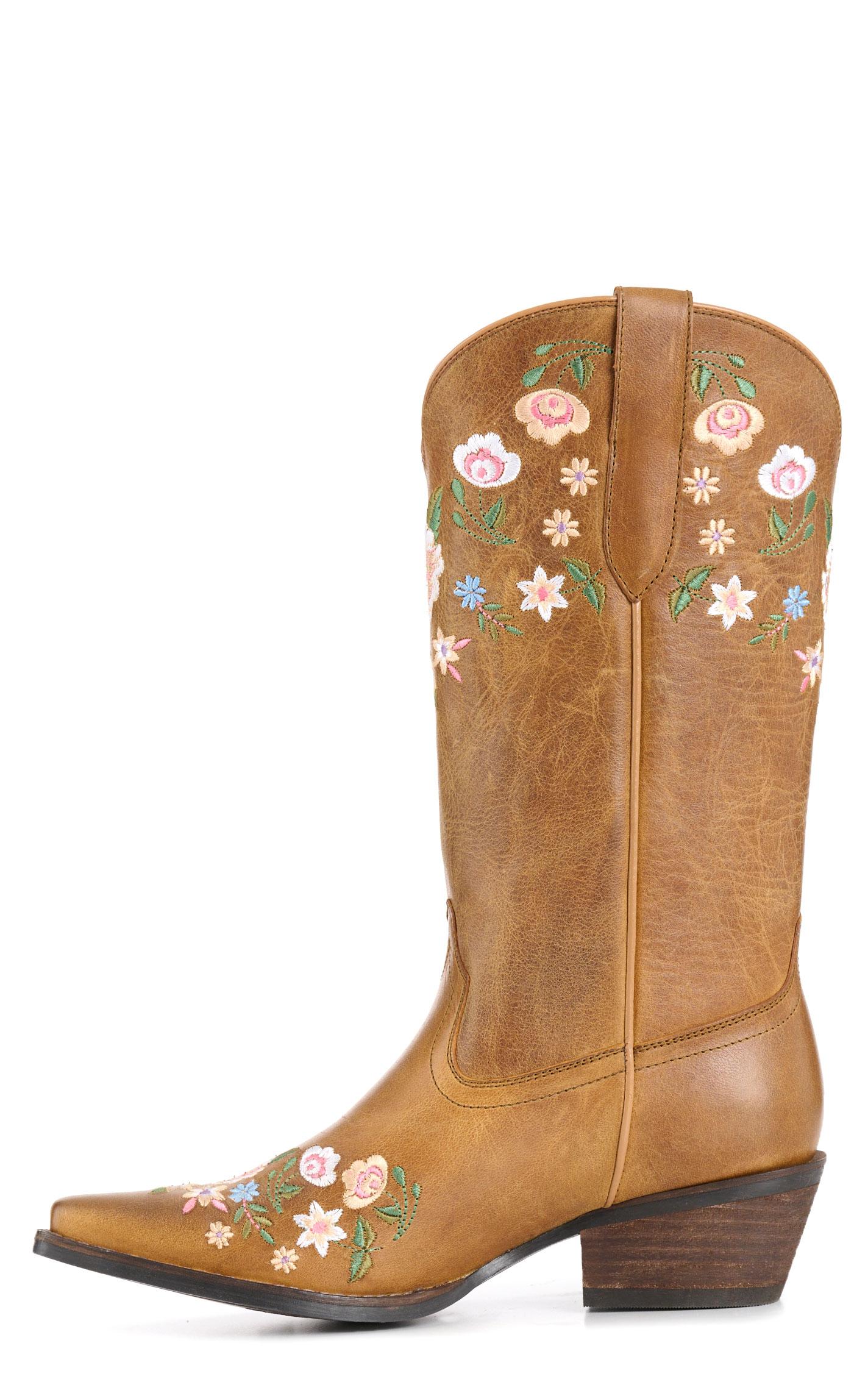 Rockin C Women’s Tan Floral Embroidered Leather Snip Toe Cowboy Boots - Image 1