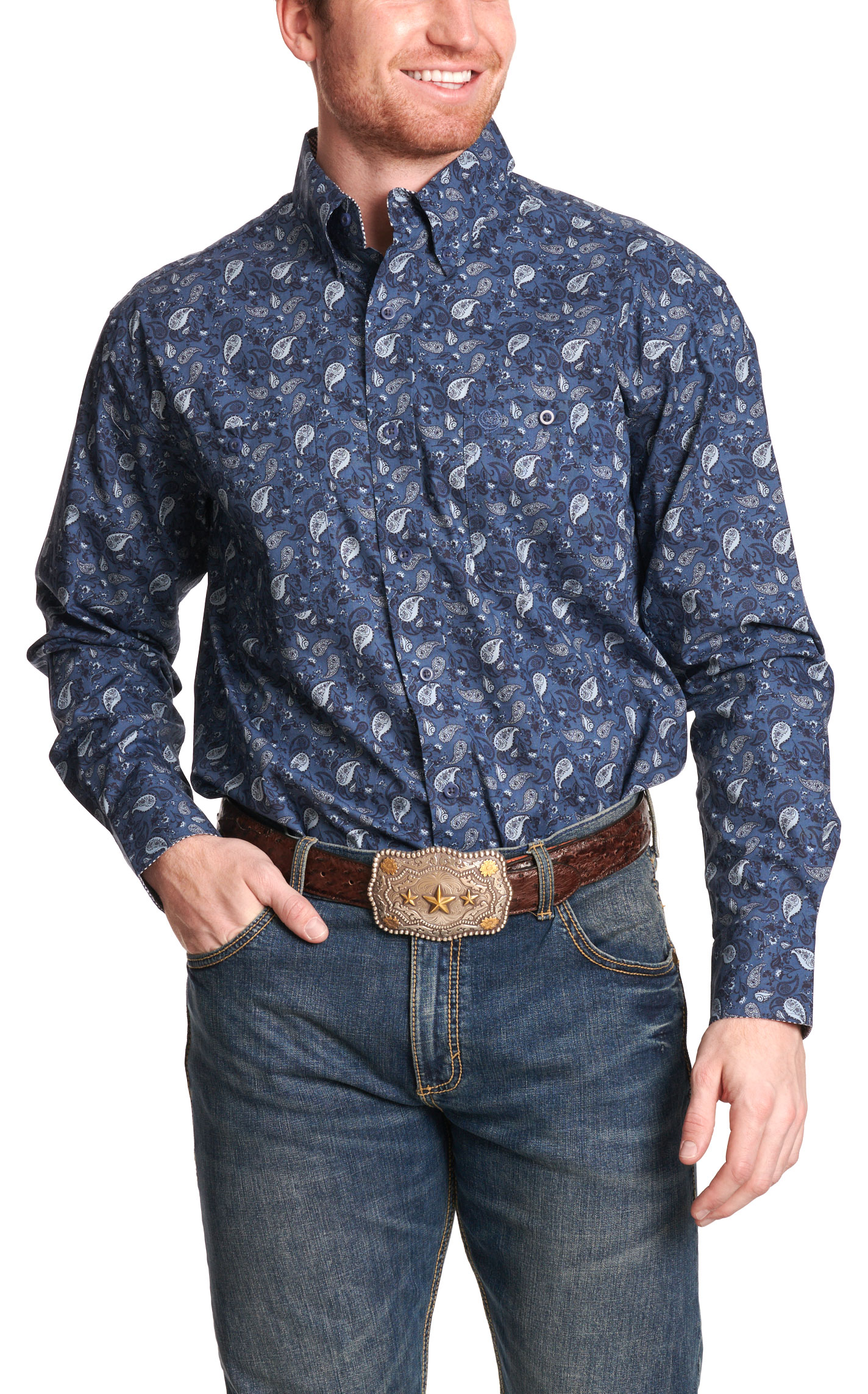 Wrangler George Strait Collection Men's Steel Blue Paisley Western Shirt - Image 1