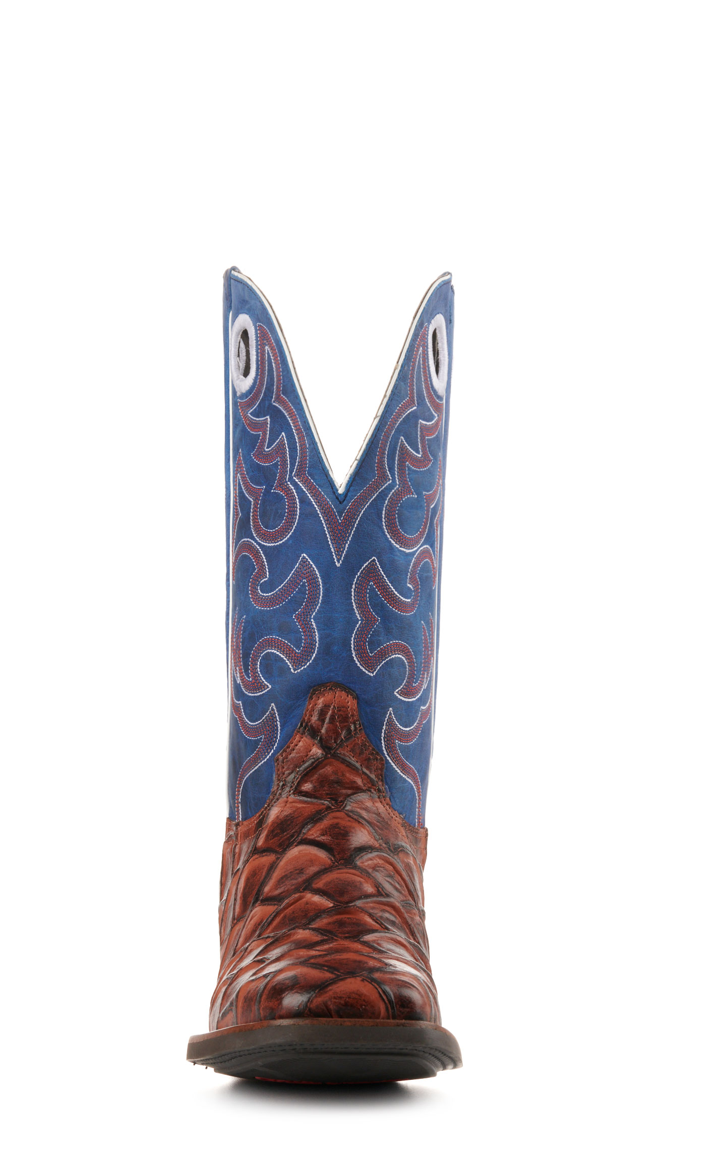 Cavender's Men's Intrepid Rust Pirarucu Print and Blue Wide Square Toe Cowboy Boots - Image 1