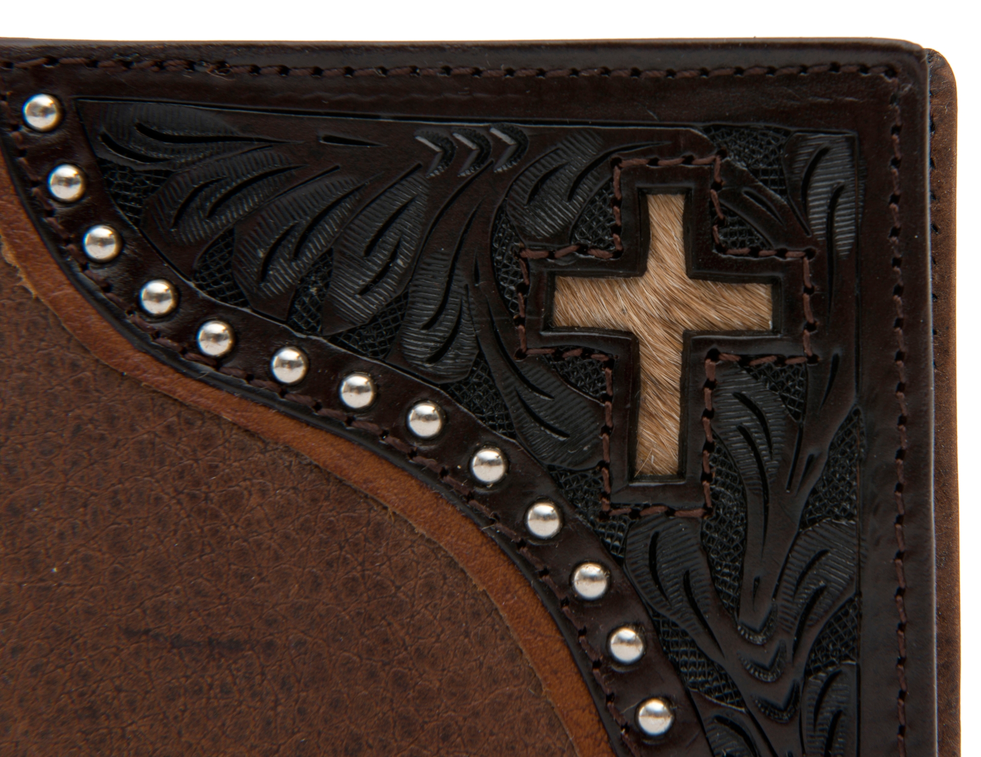Ranger Belt Company Men's Distressed Brown with Dark Tooling & Cross Inlay Bi-fold Wallet - Image 1