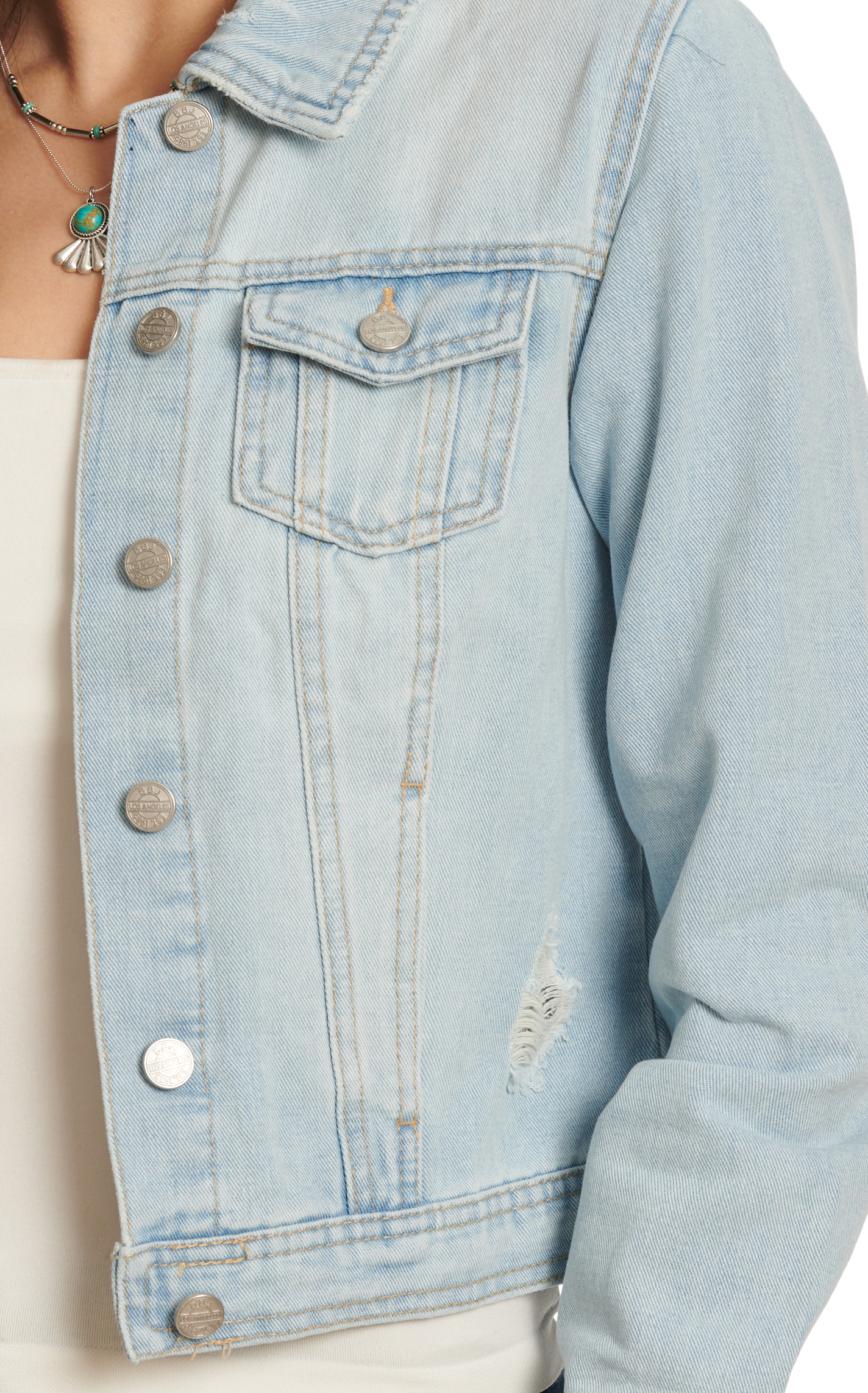 BBJ Women's Retro Light Wash Denim Distressed Jacket - Image 1