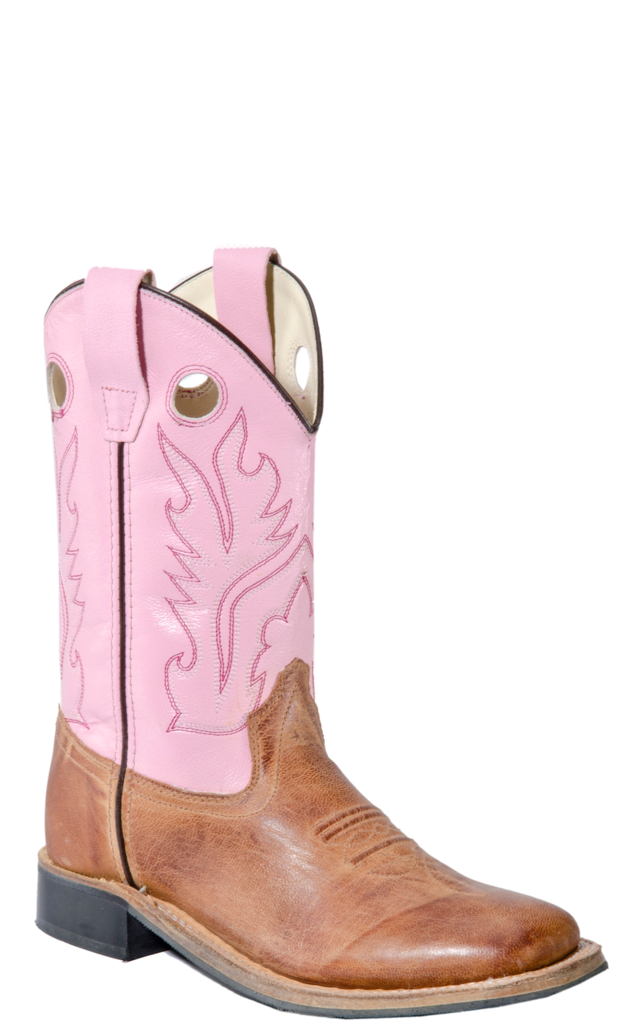 Old West Kids Distressed Brown and Pink Corona Calf Square Toe Cowboy Boot - Image 1