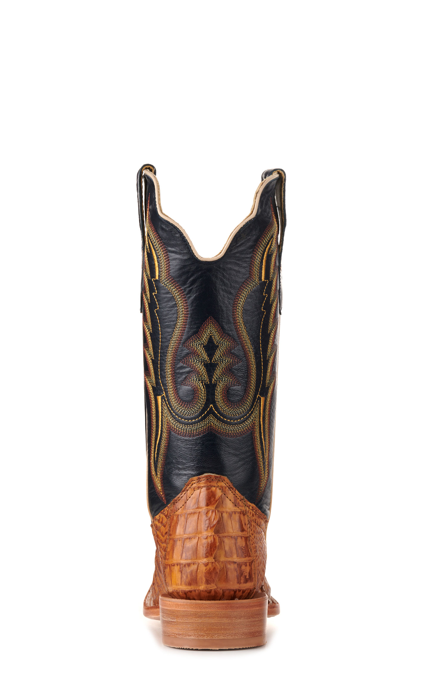 R. Watson Men's Saddle Hornback Caiman Tail and Navy Wide Square Toe Exotic Cowboy Boots - Image 1