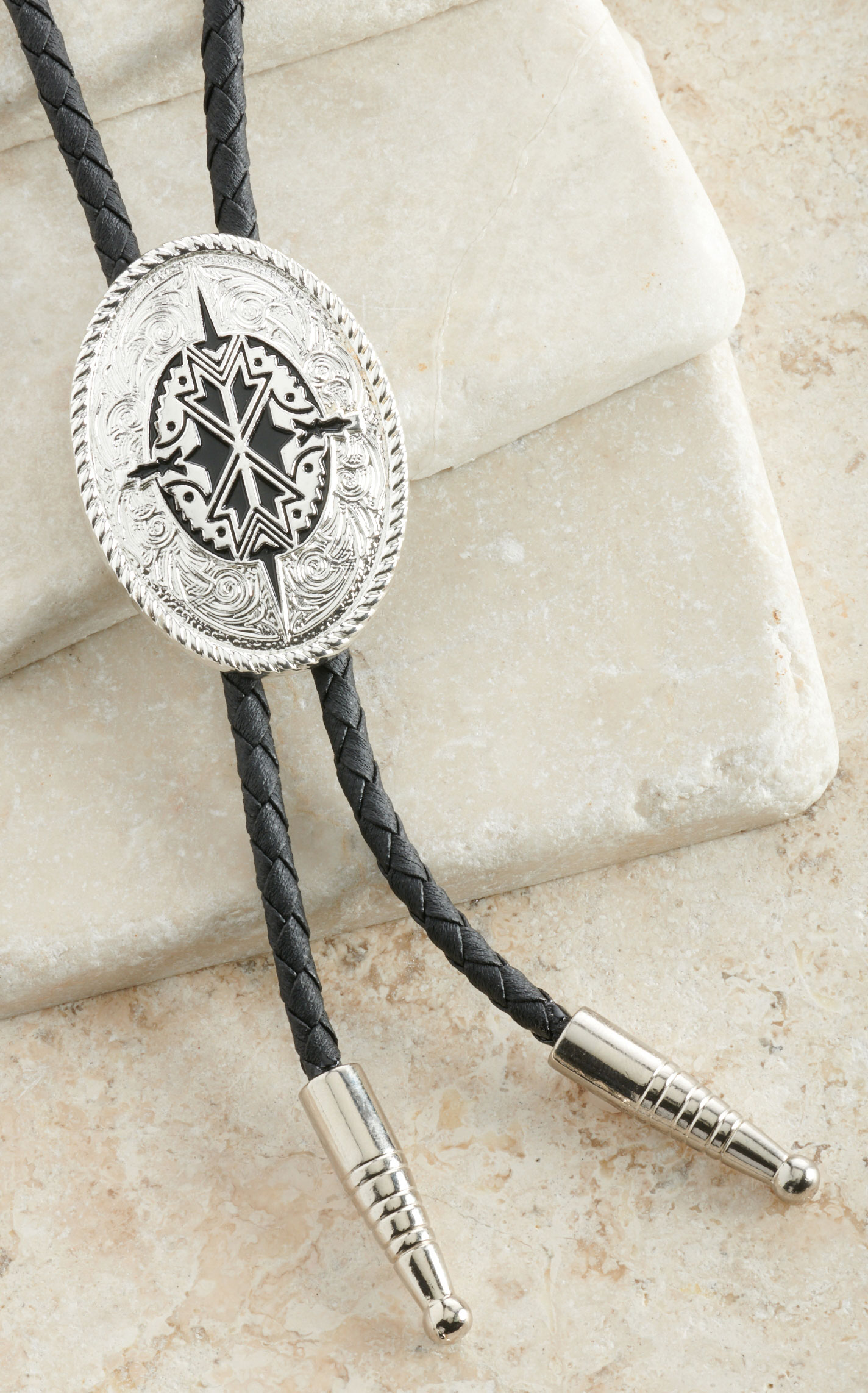 M&F Silver & Black Aztec Oval Bolo Tie - Image 1