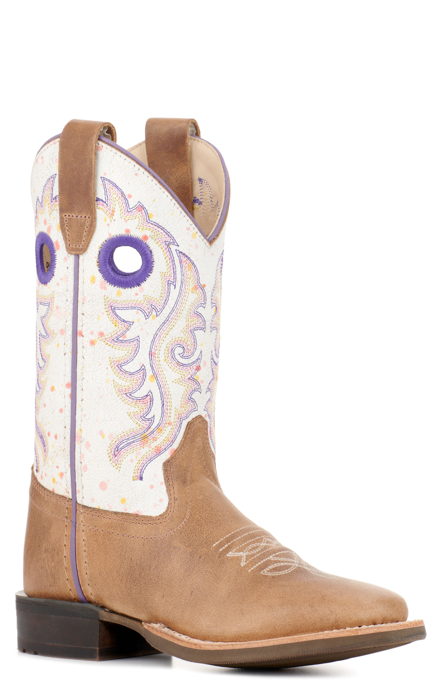 Old West Youth Light Brown and Rainbow Crackle Wide Square Toe Cowboy Boots - Image 1