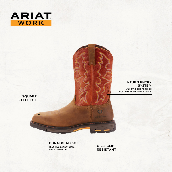 Ariat Men's WorkHog Earth Brown and Brick Orange Square Steel Toe Work Boot - Image 1