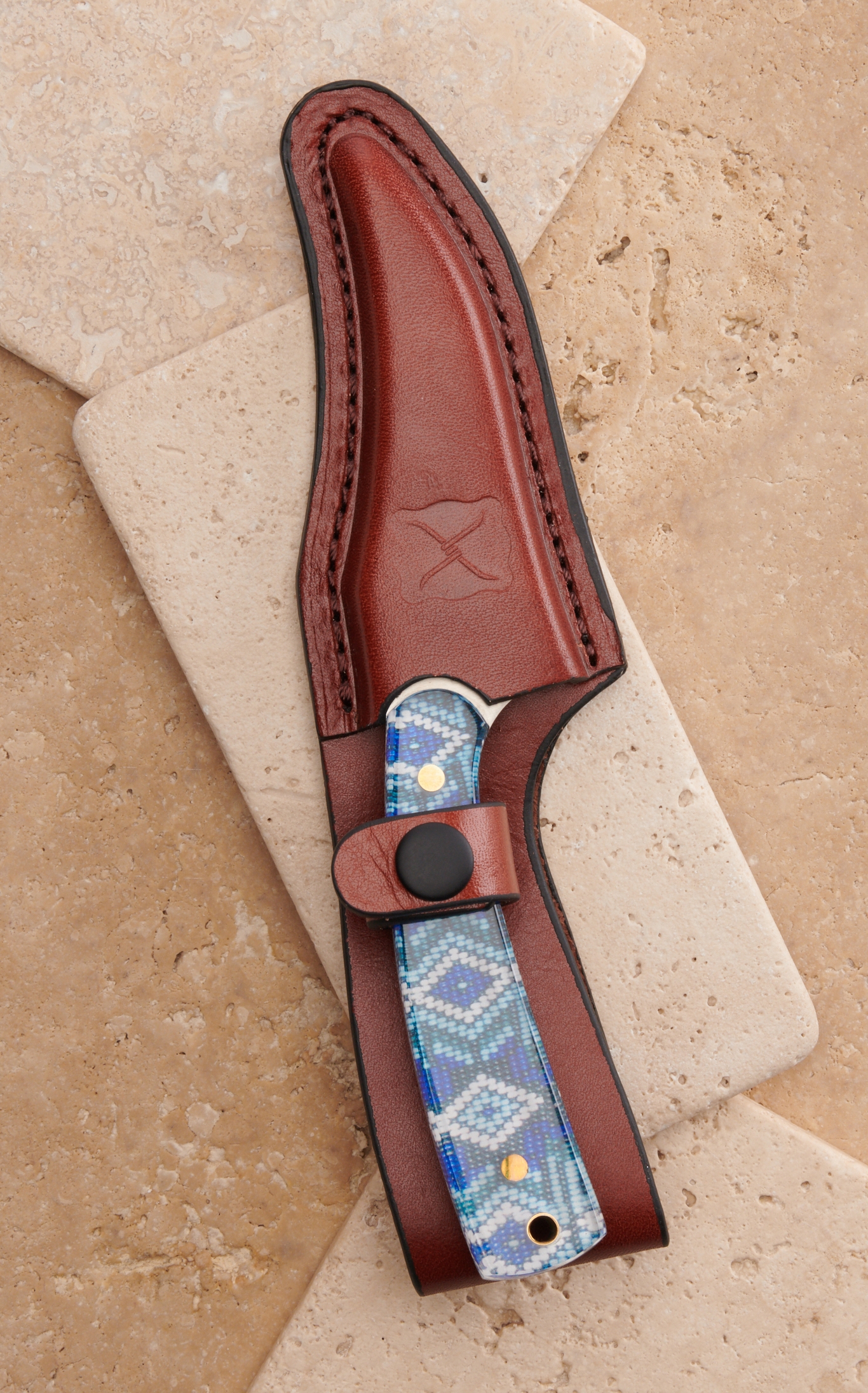 Twisted X Acrylic Blue Beaded Print Skinner Knife with Leather Sheath - Image 1