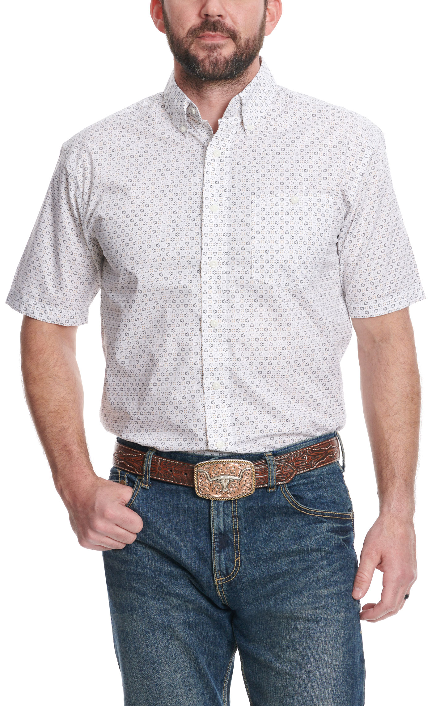 Wrangler Men's Navy & Taupe Geo Print Relaxed Fit Western Shirt - Image 1