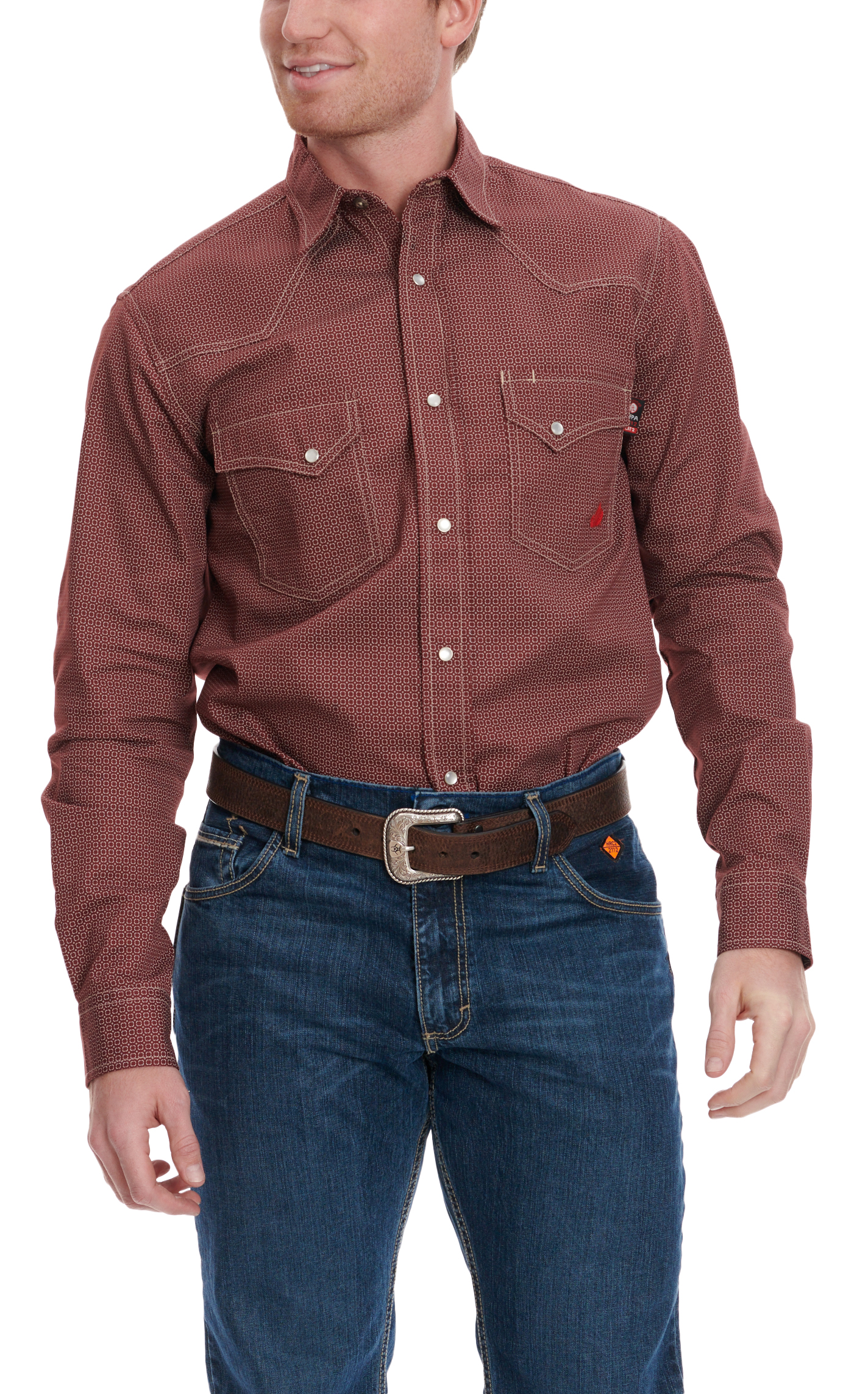 Forge Men's Wine & Tan Geo Print Long Sleeve FR Work Shirt - Image 1
