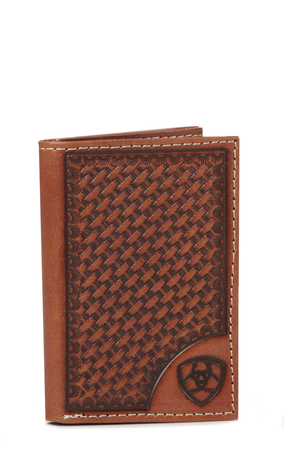 Ariat Men's Brown Basketweave Leather Tri-Fold Wallet - Image 1