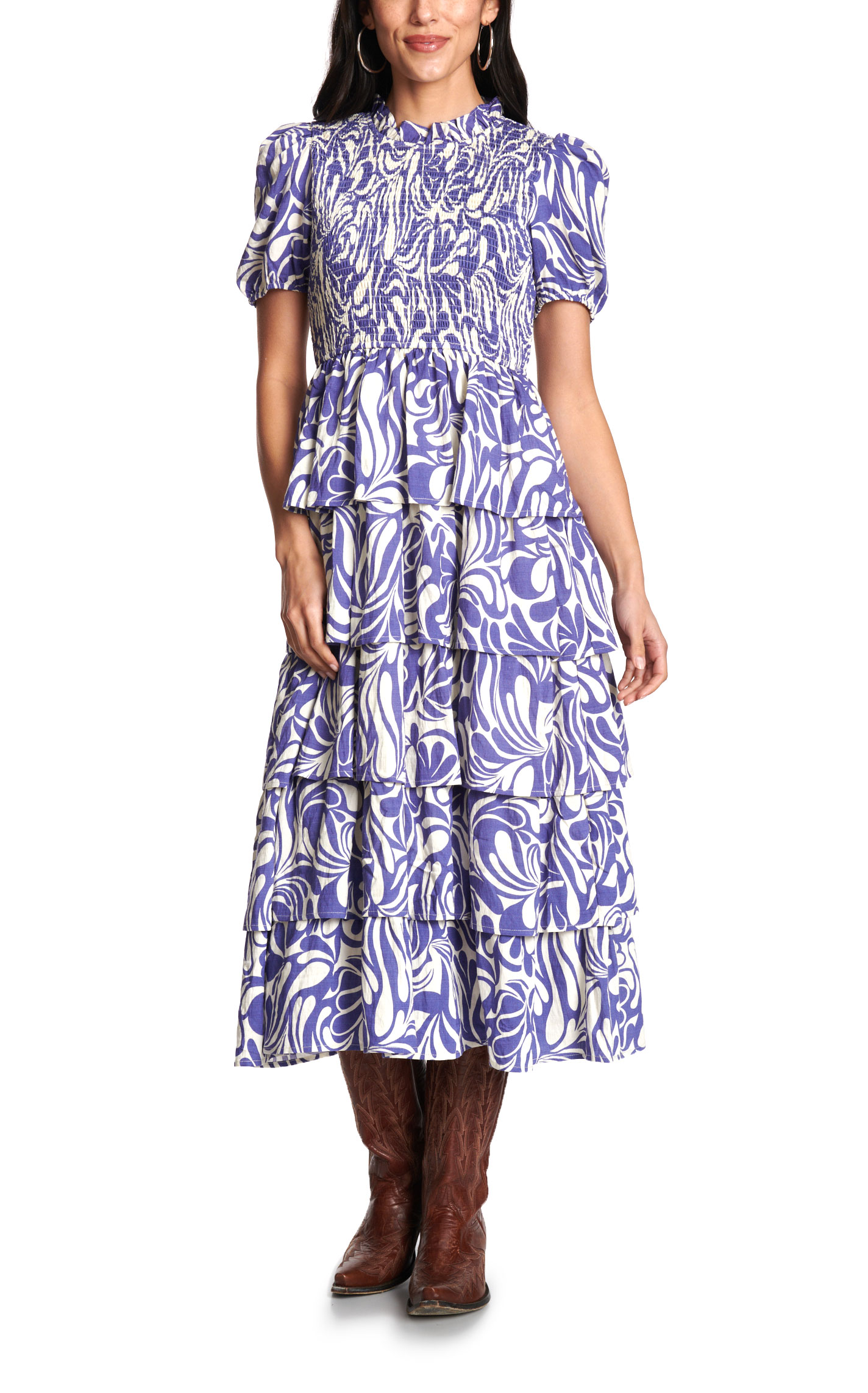 TCEC Women's Blue & White Floral Smocked & Tiered Dress - Image 1