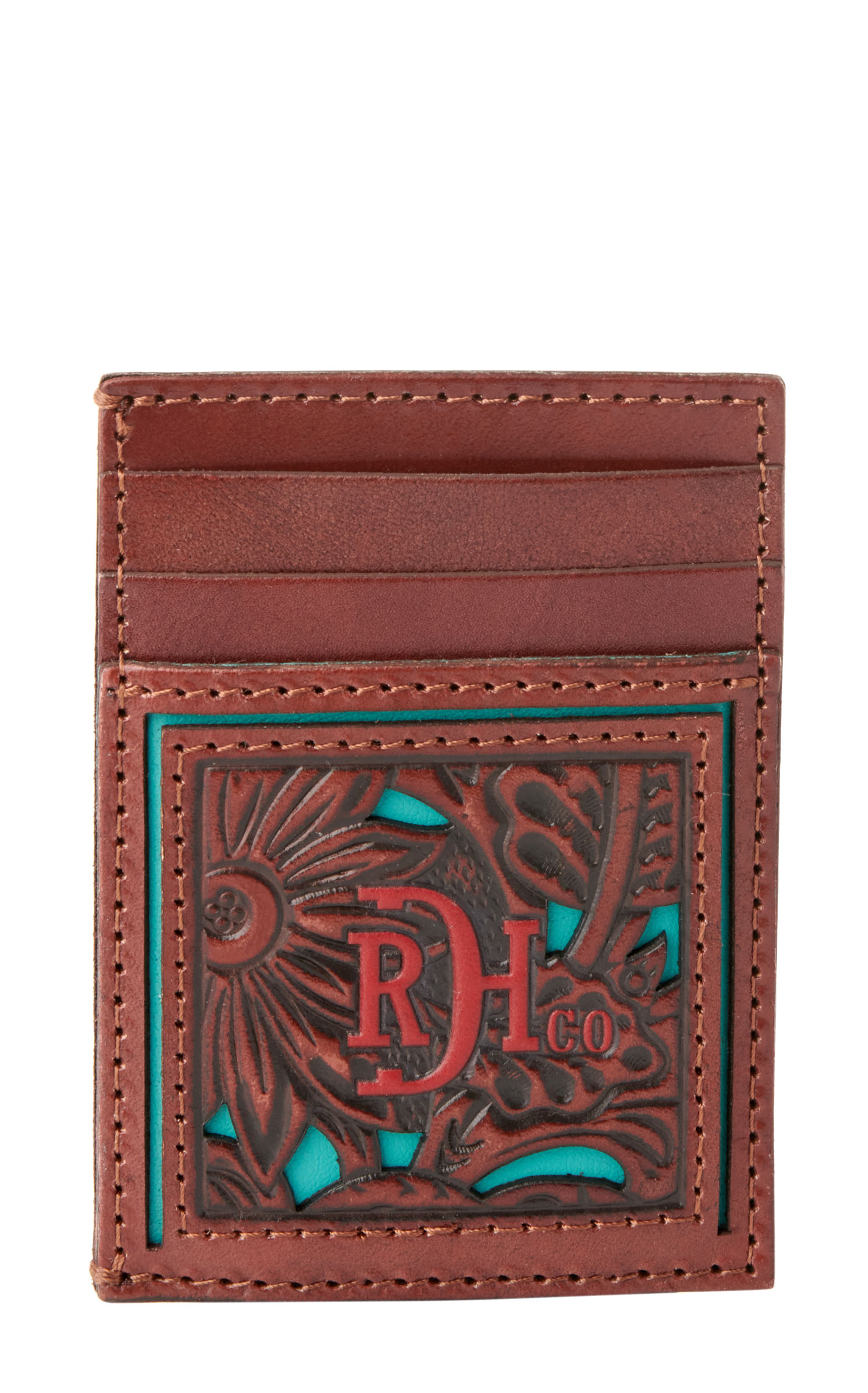 Red Dirt Hat Co. Brown Floral Tooled Leather & Turquoise Inlay Money Clip Card Case - Image 1