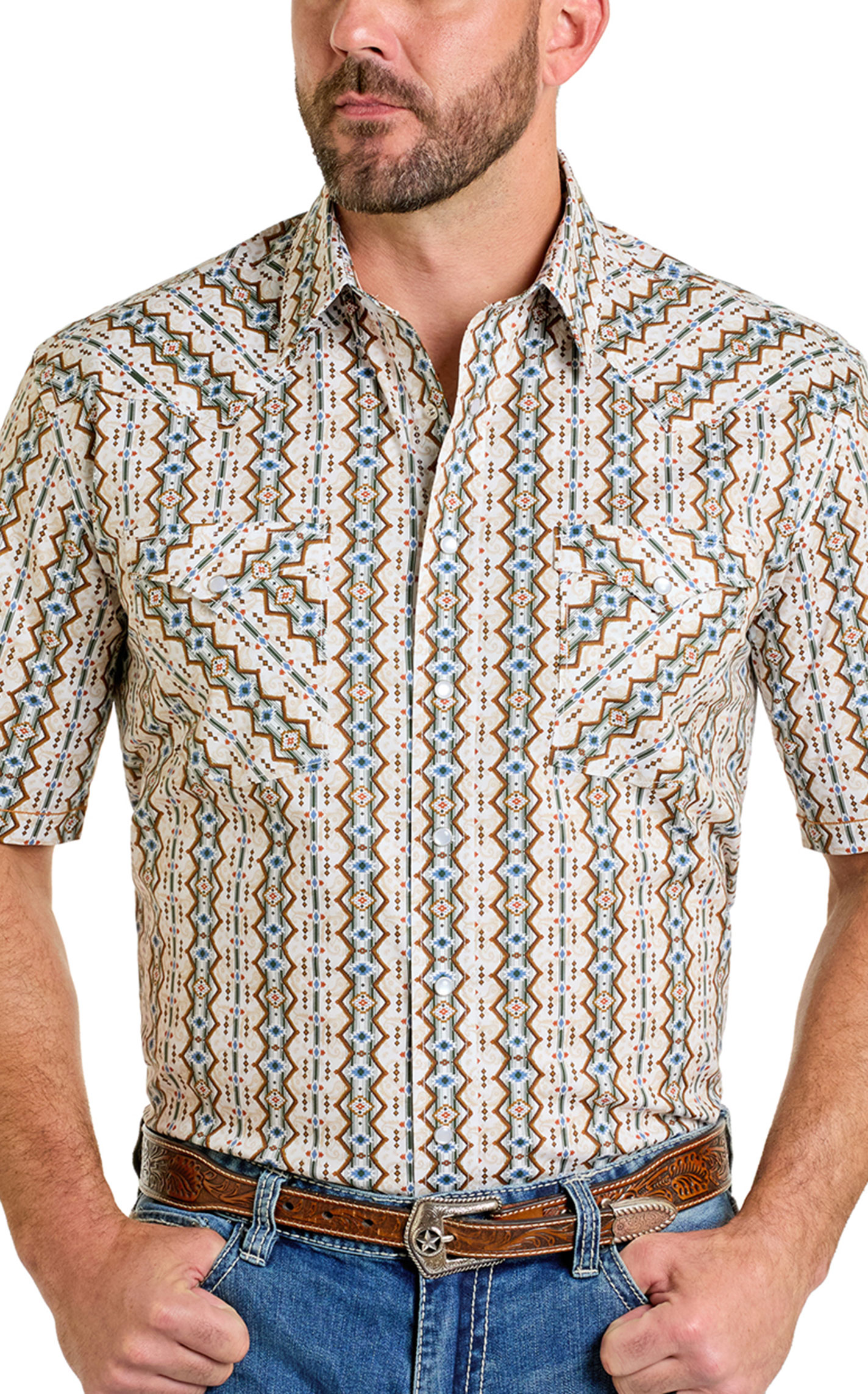 Rough Stock Men's Cream & Brown Aztec Print Shirt - Image 1