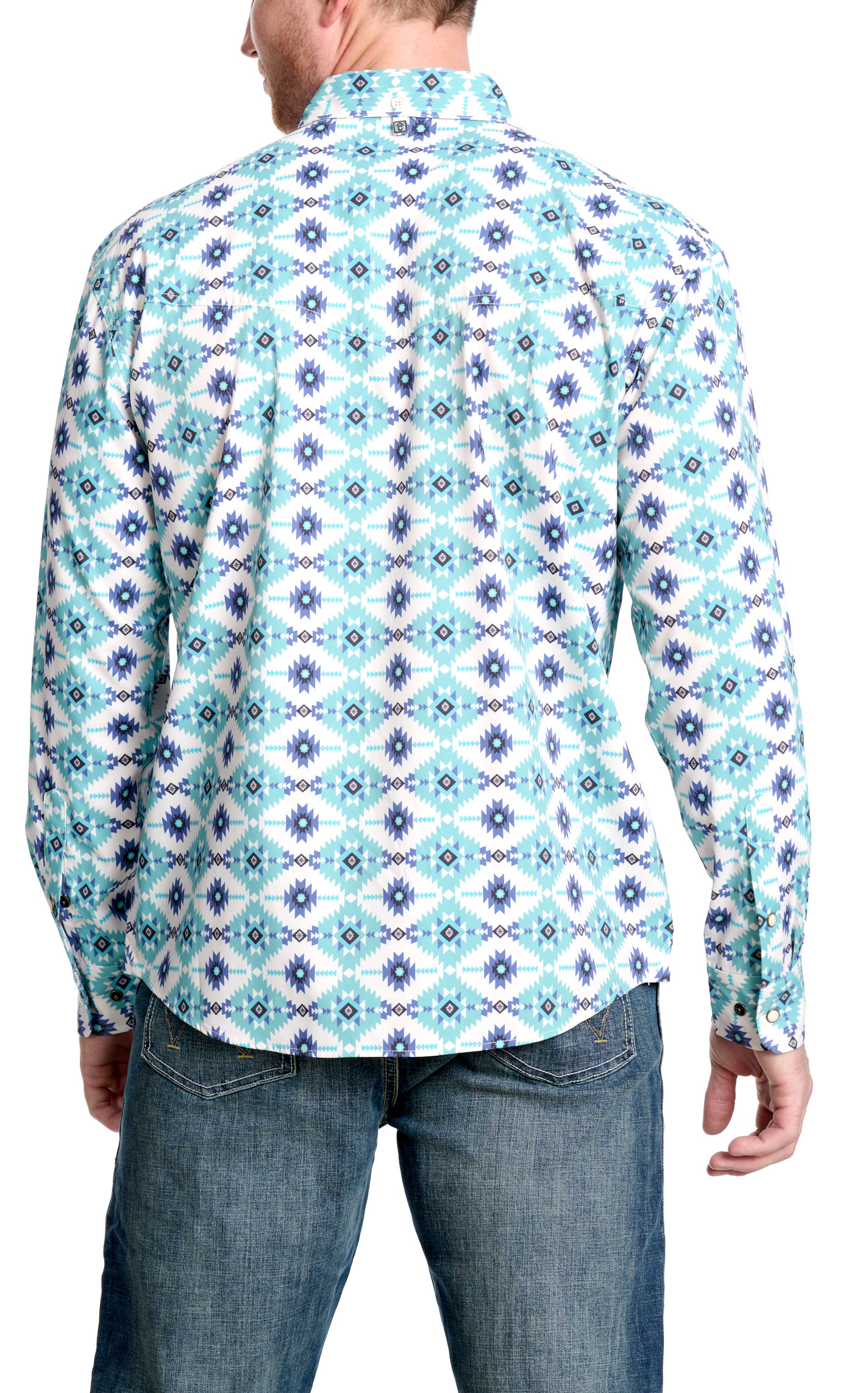 Rafter C Men's Turquoise Aztec Print Long Sleeve Fishing Shirt - Image 1
