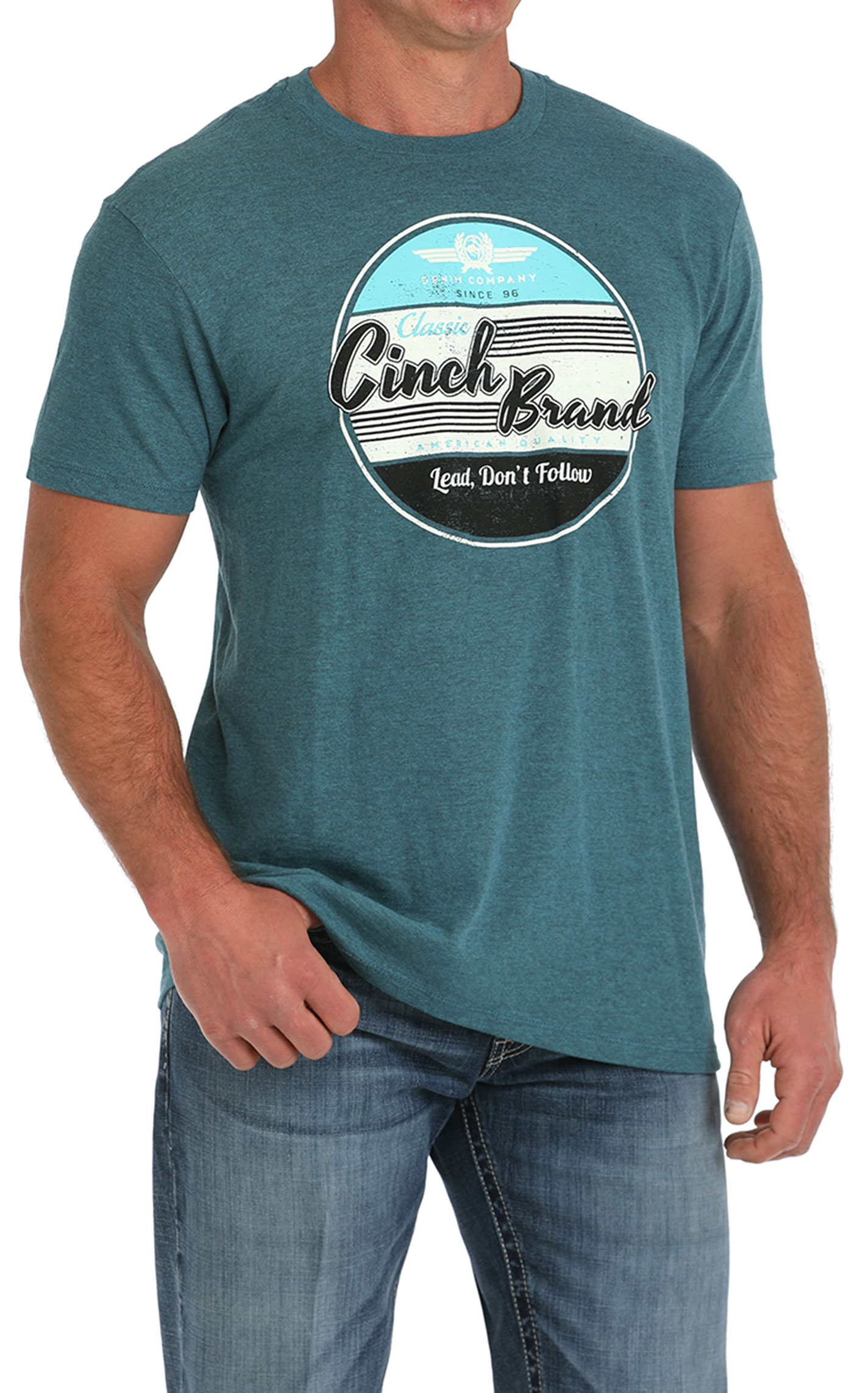 Cinch Men's Teal Lead Don't Follow Logo Graphic T-Shirt - Image 1