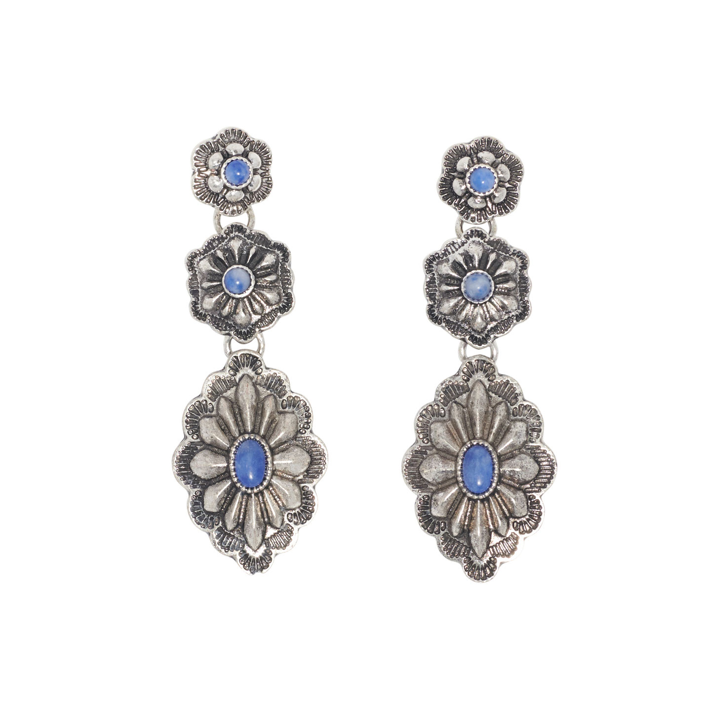 806 by Pink Panache Silver & Denim Blue Stone 3 Concho Earrings - Image 1