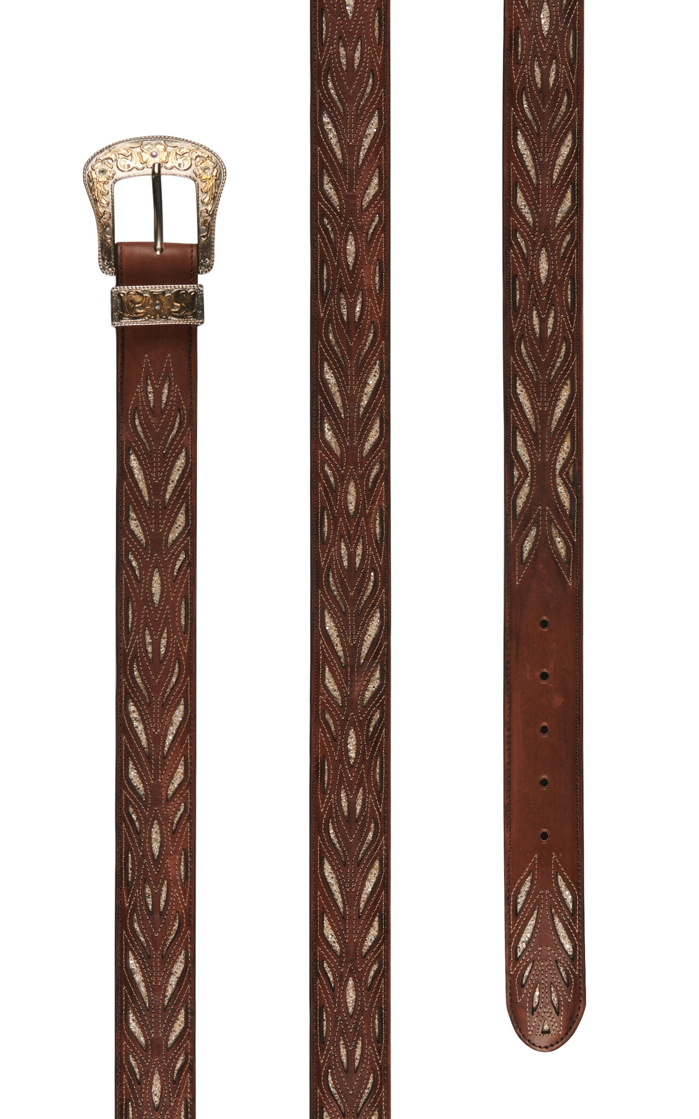 Cavender's Women's Brown with Gold Glitter Inlays Leather Belt - Image 1