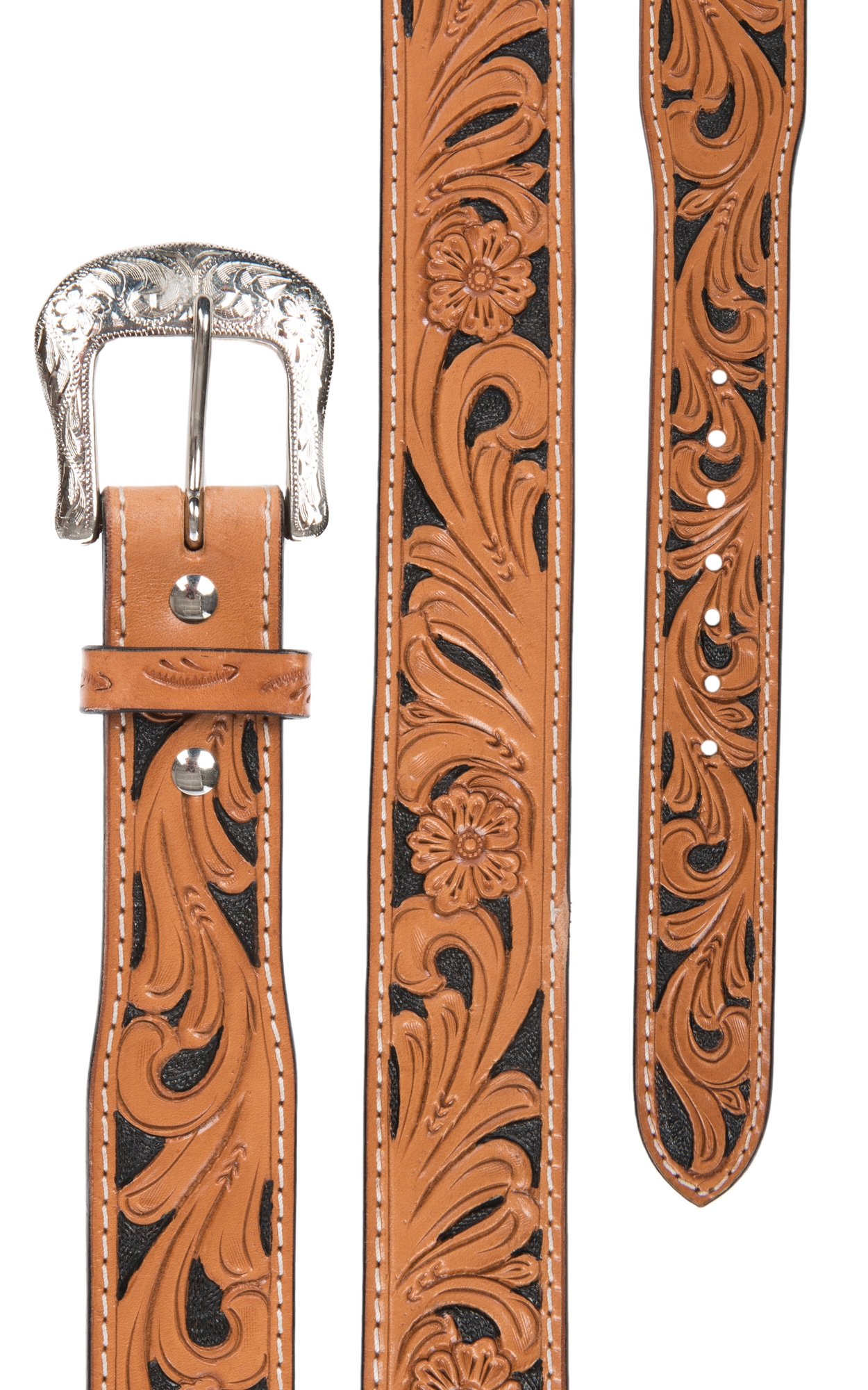 Twisted X Tan Leather Tooled Floral with Black Inlay Western Belt - Image 1