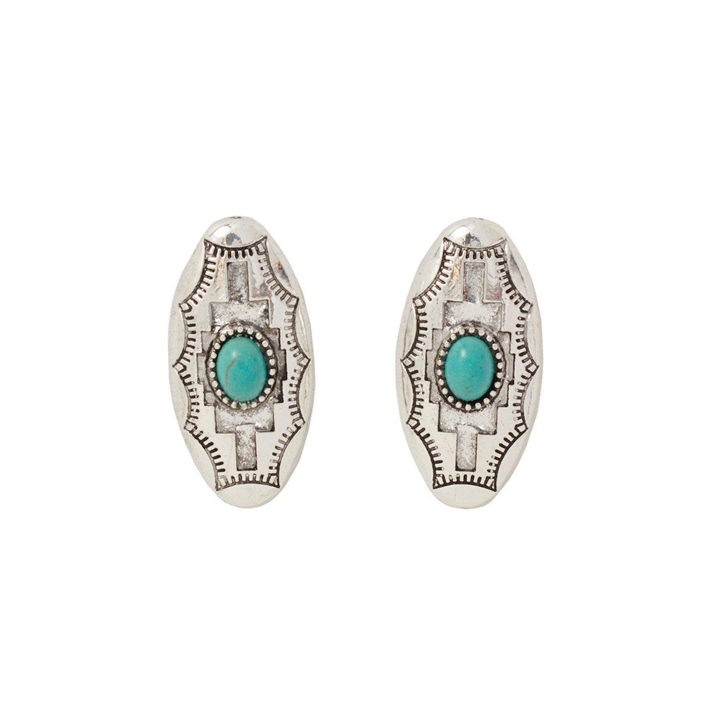 Southern Grace Silver & Turquoise Aztec Oval Earrings  - Image 1