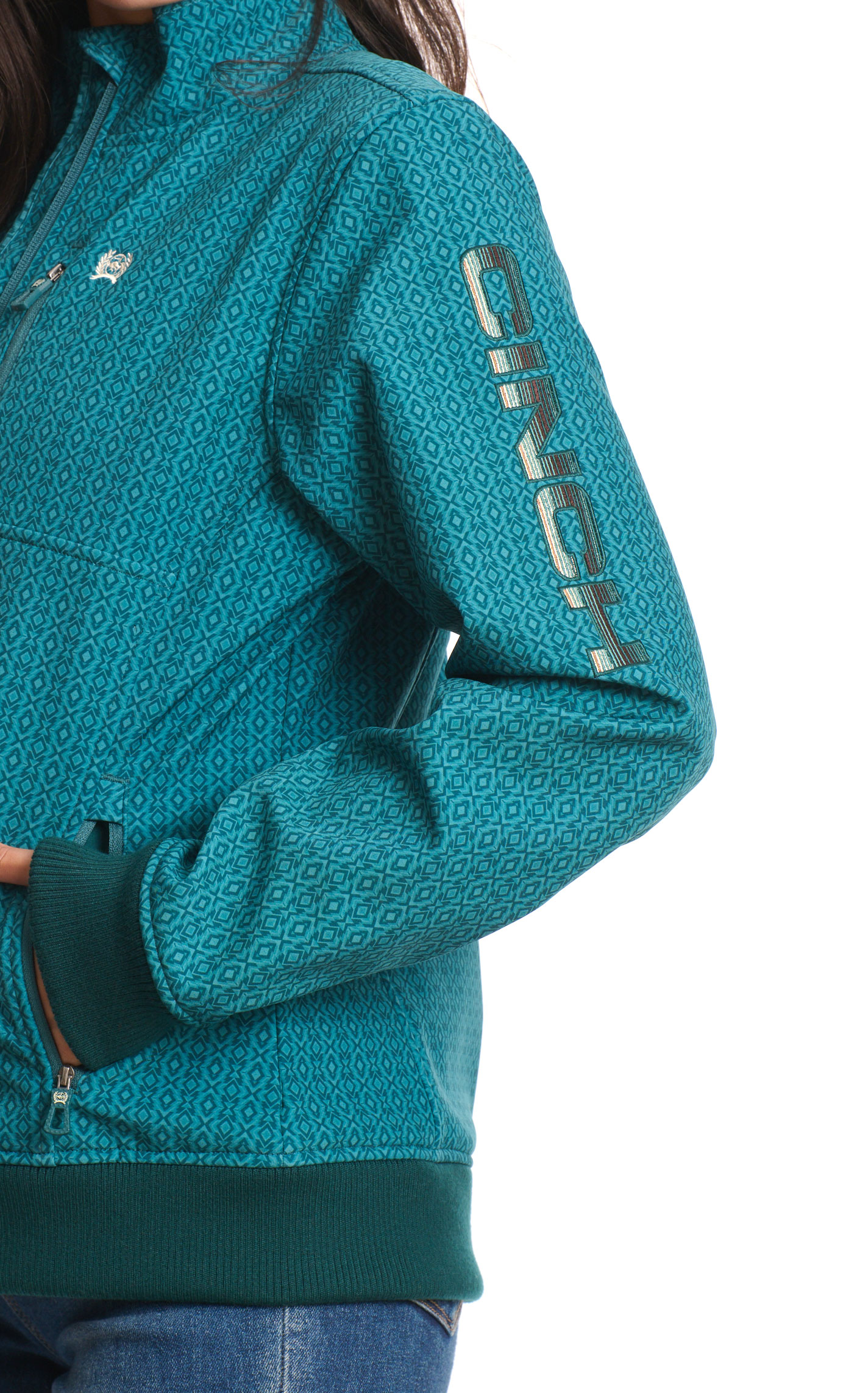 Cinch Women's Teal Geo Print Concealed Carry Logo Sleeve Bonded Jacket - Image 1
