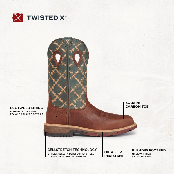 Twisted X Men's Mocha and Slate with Barbwire Embroidery CellStretch Square Nano Composite Toe Work Boot - Image 1