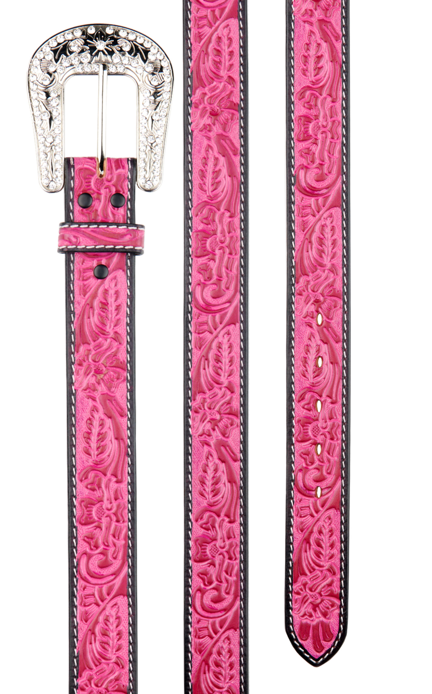 Angel Ranch Women's Hot PInk Tooled & Bling Buckle Western Belt - Image 1