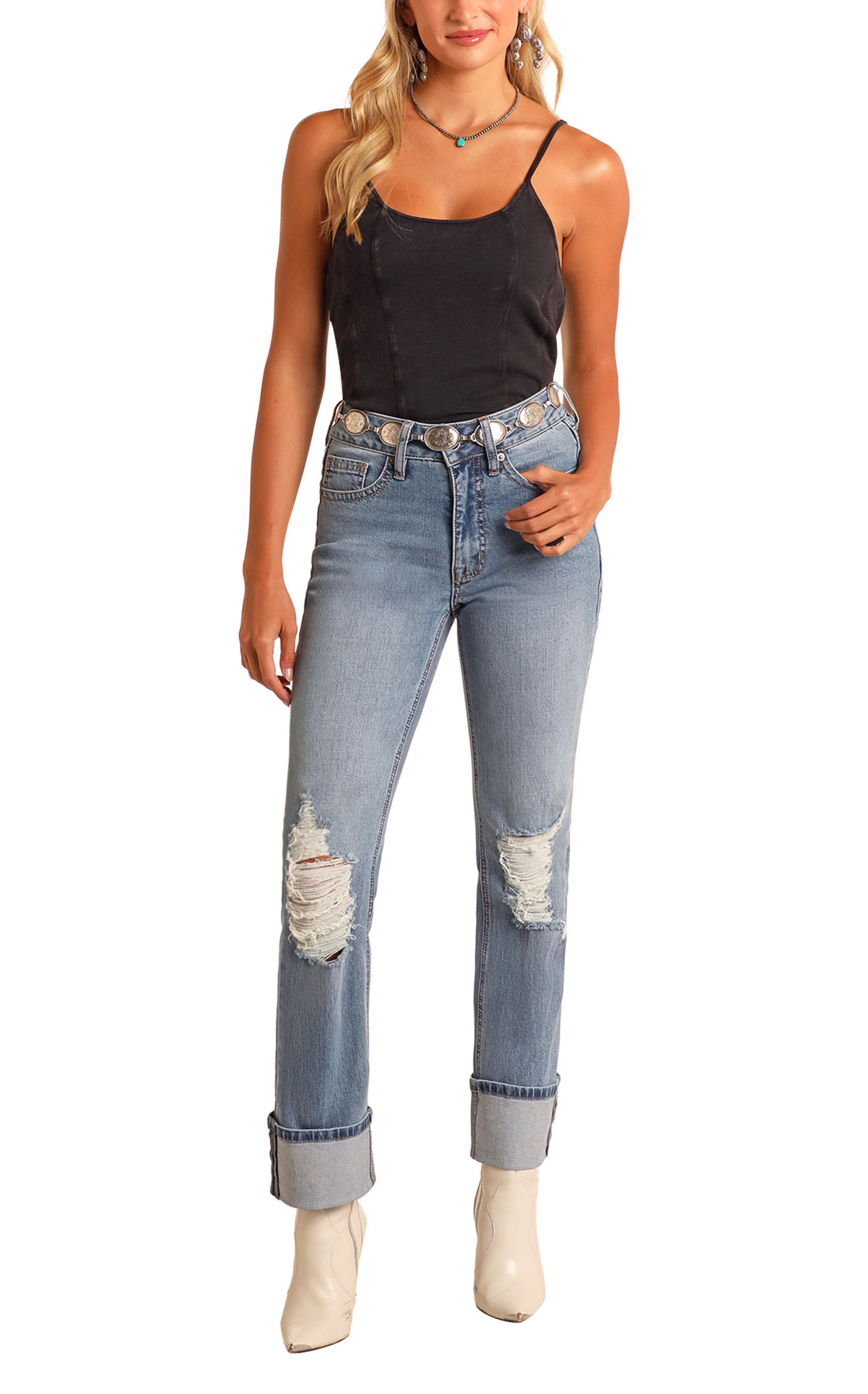 Rock & Roll Denim Women's Light Wash Cuffed Boot Cut Jeans - Image 1